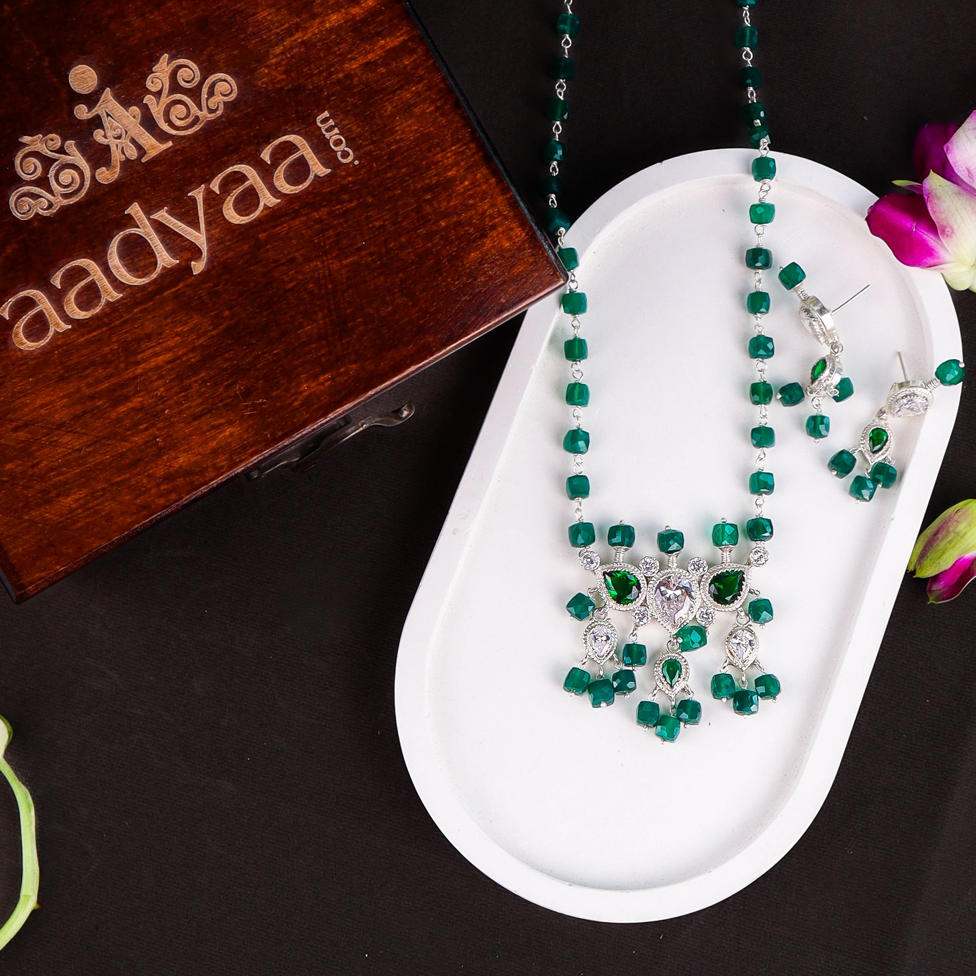 Silver CZ Tanmani Set with Green Onyx