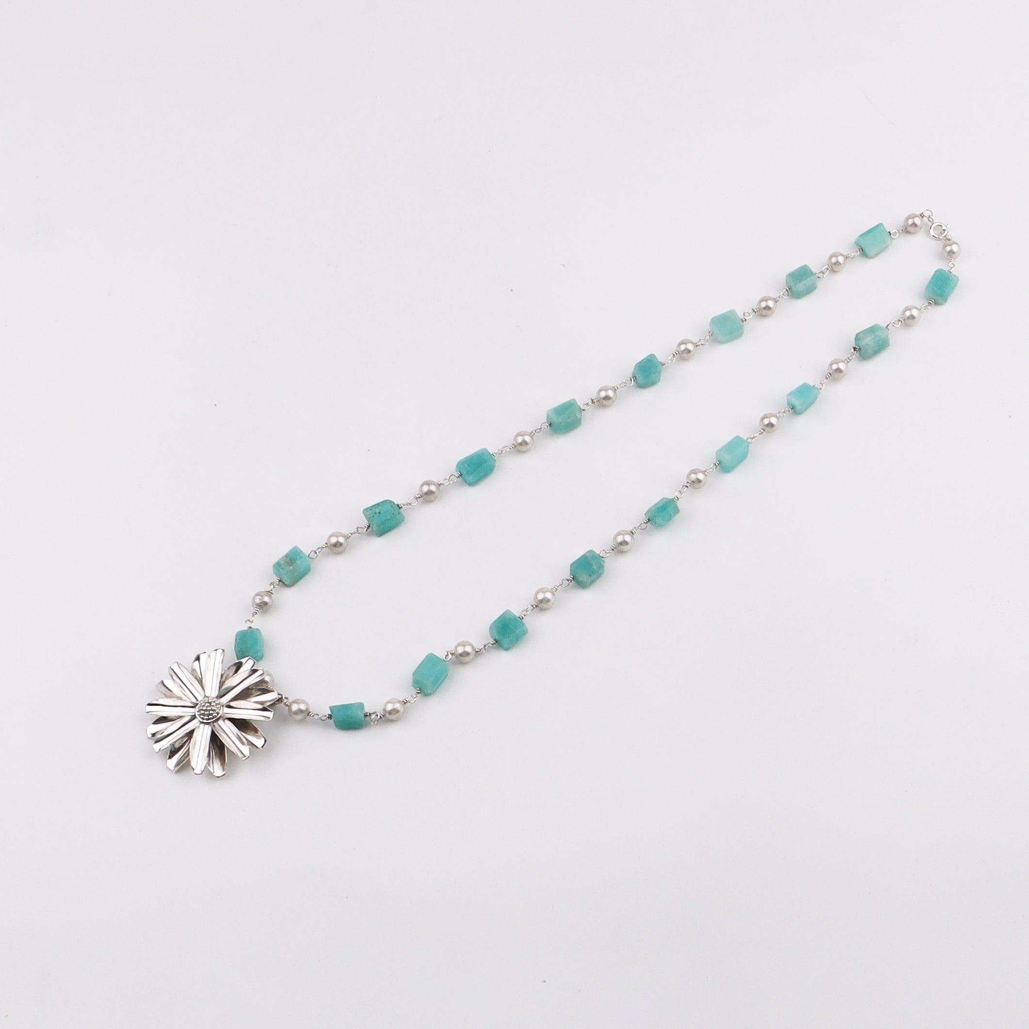 Silver Soorajmukhi Pendant Blue Amezonite Stones