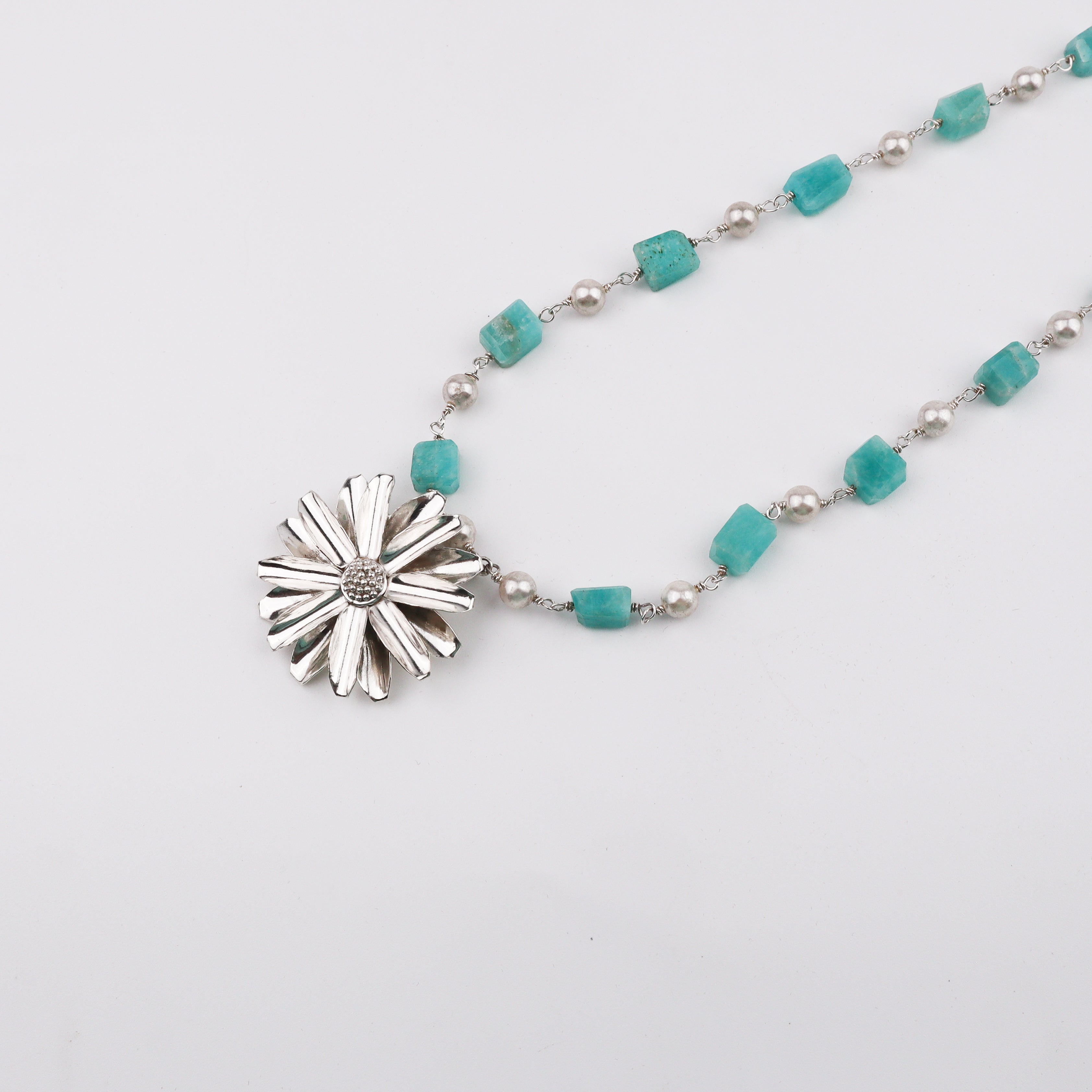 Silver Soorajmukhi Pendant Blue Amezonite Stones