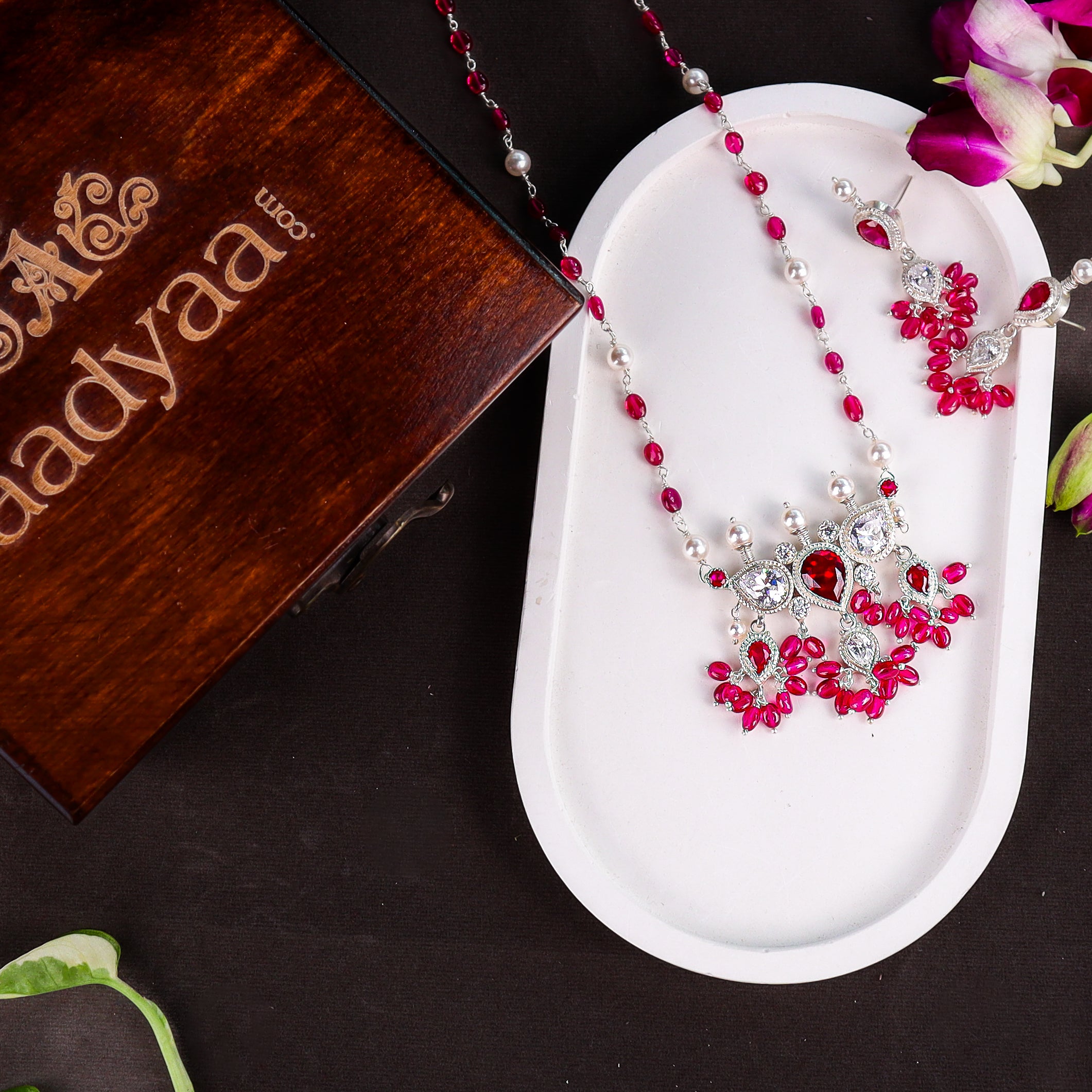 Silver CZ Tanmani Set with Rubies and Pearls