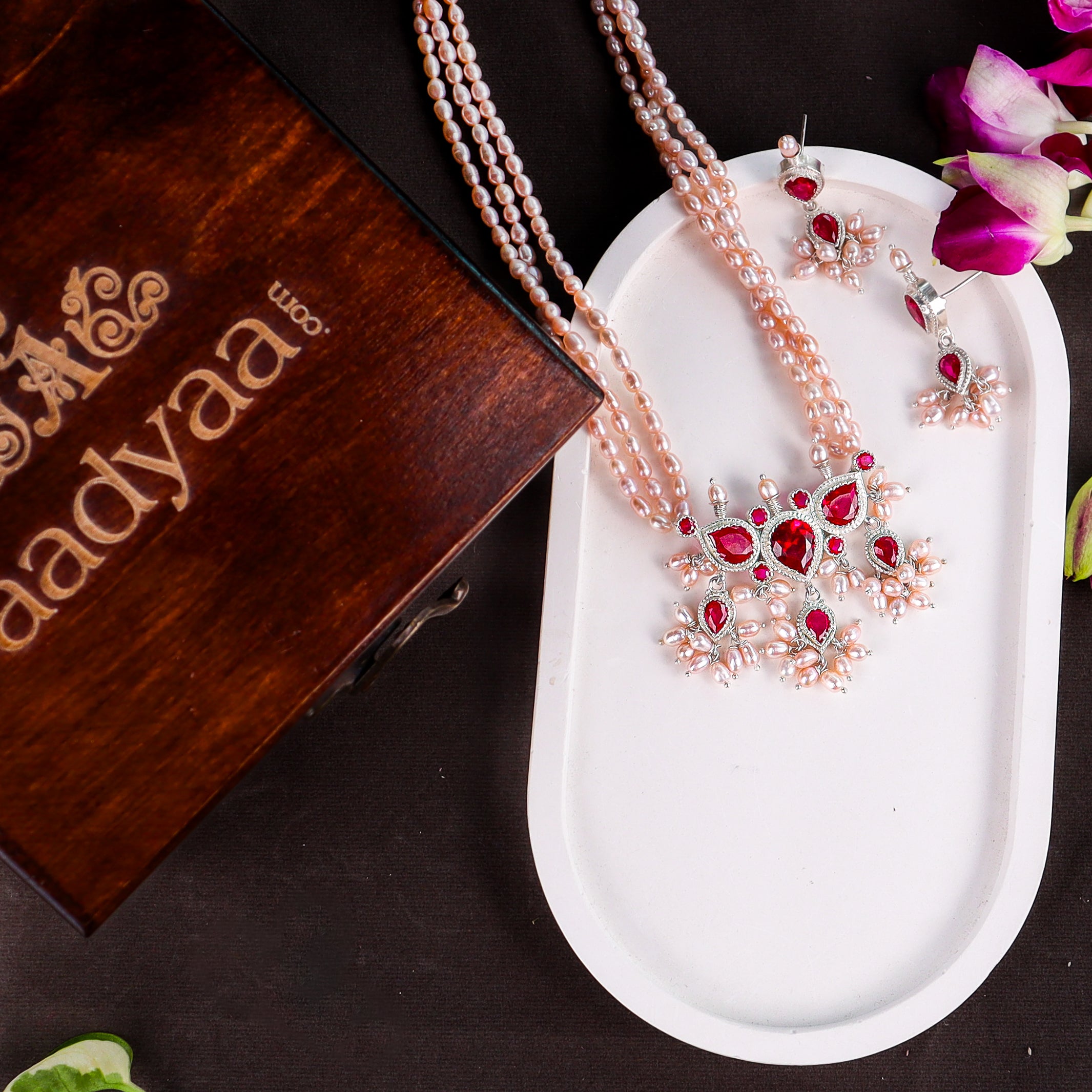 Silver CZ Tanmani Set with Freshwater Rice Pearls