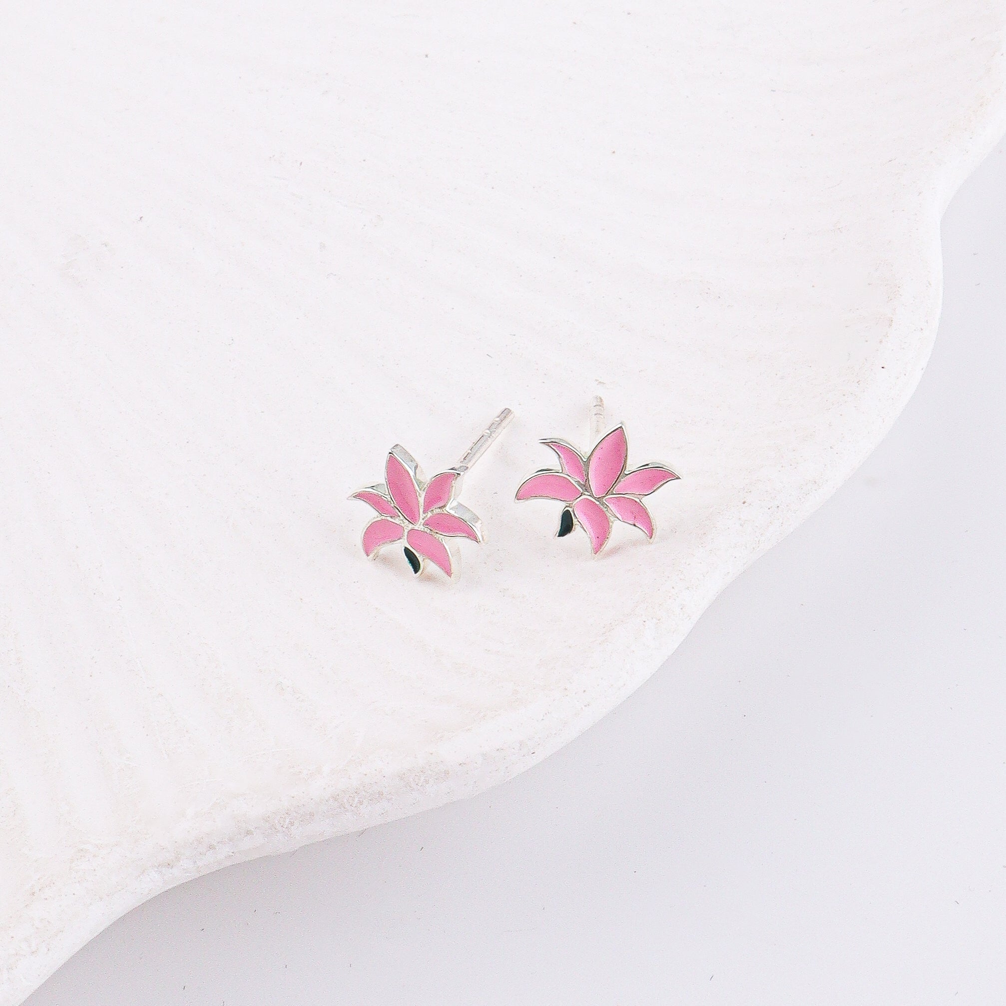 Pink Lily Enamel Studs | 92.5 Silver