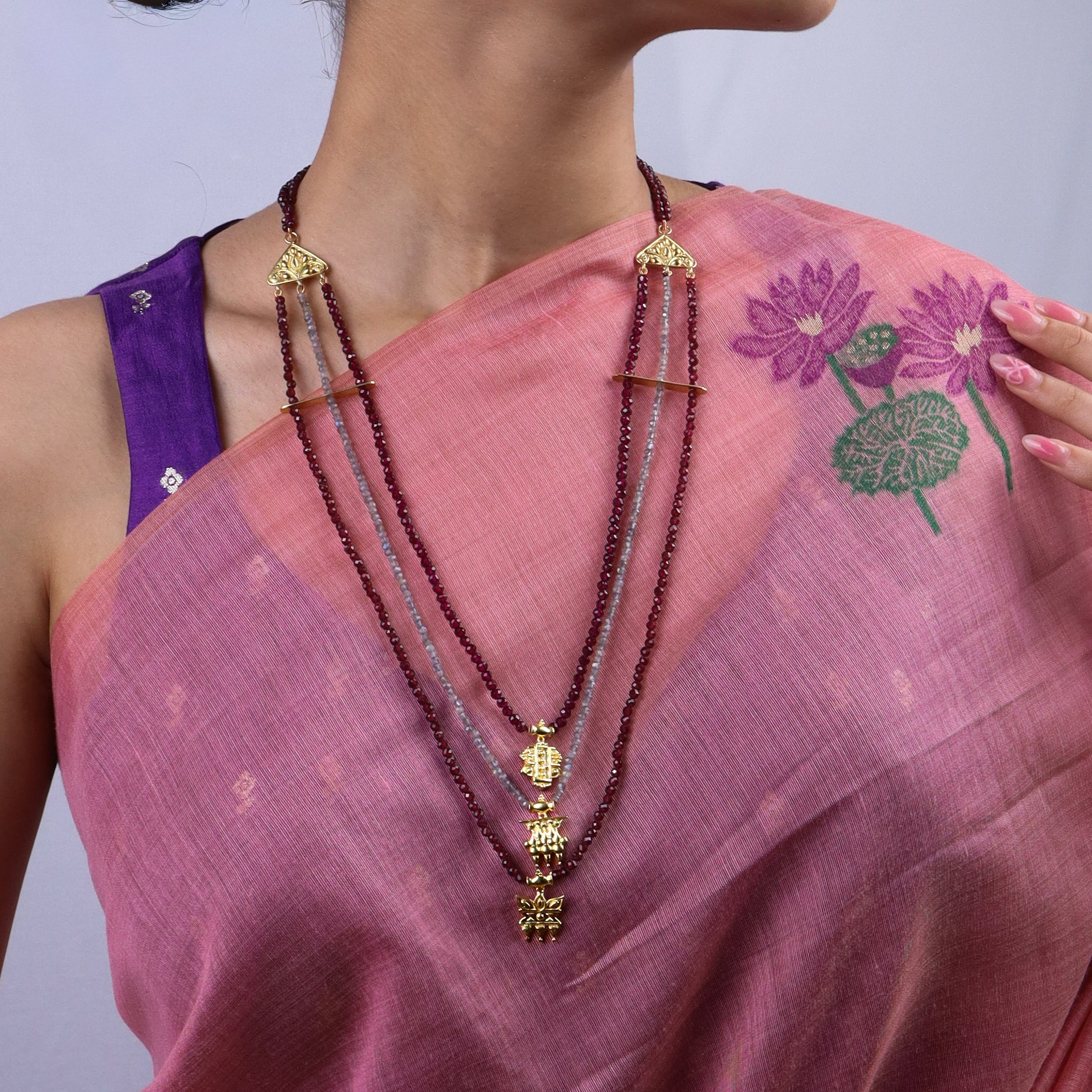 Saaj Motif Satlada Inspired Necklace with Garnets and Labradorite Stones | 925 Silver | 22K Gold Plated (3 Layered)