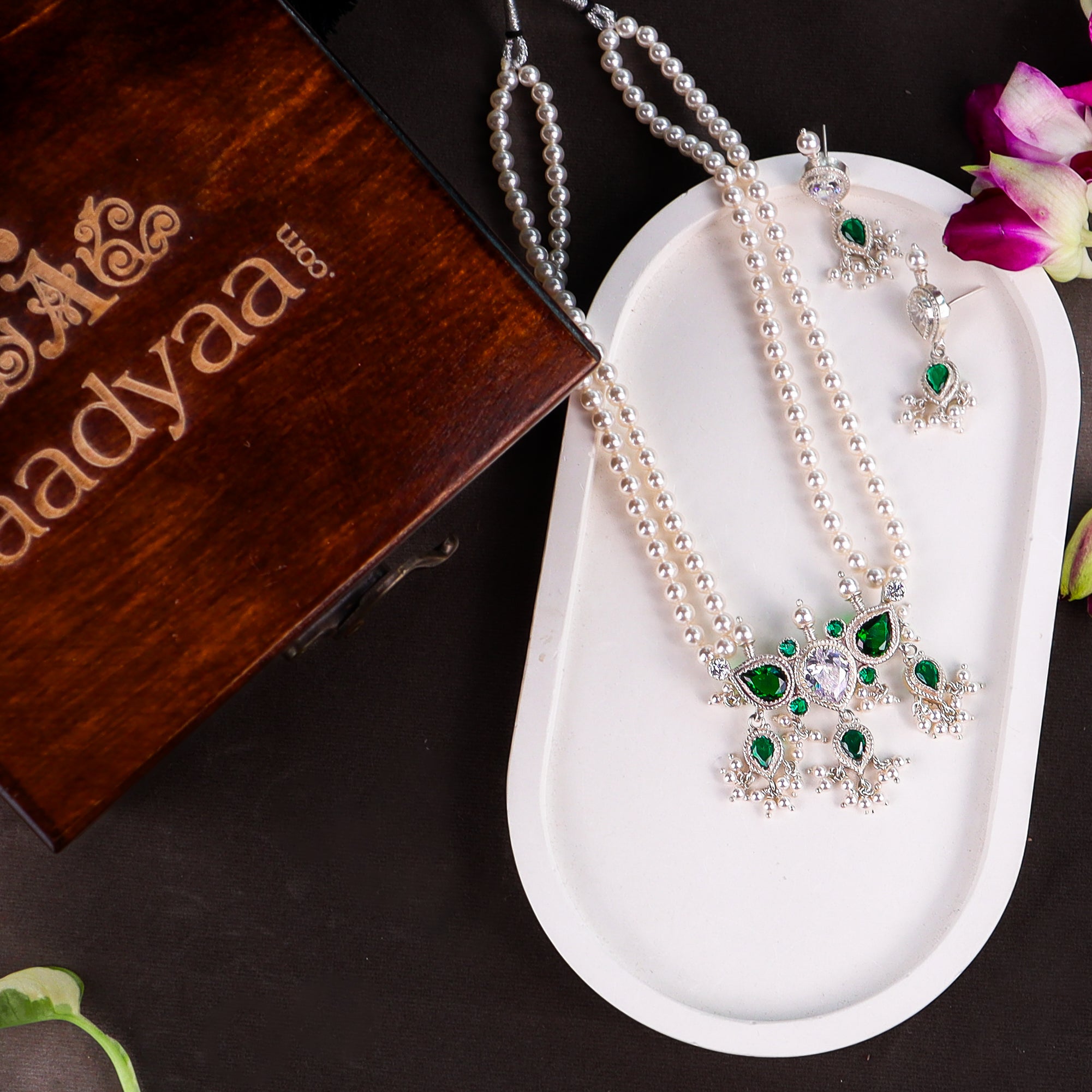 Silver Green & White CZ Tanmani Set with Pearls