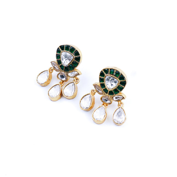 Angled view of a 22K gold-plated fashion earring highlighting its elegant silhouette, structure, and polished gold finish