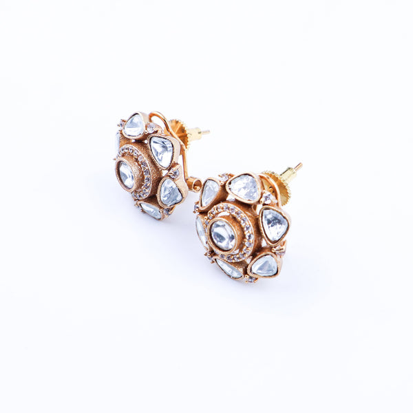 Detailed view of a 22K gold-plated fashion earring highlighting intricate motifs, textured detailing, and premium 22K gold-plated finish