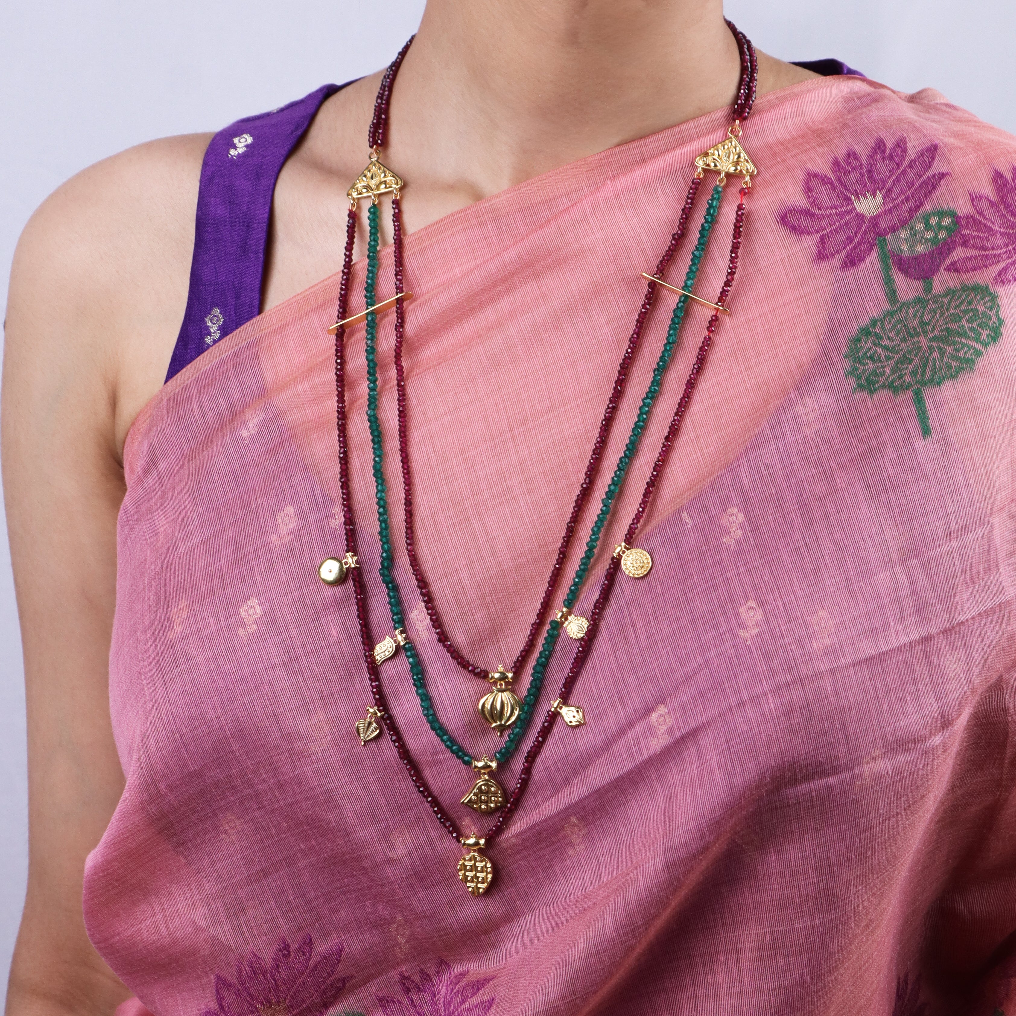 Saaj Motif Satlada Necklace with Green Onyx and Garnet Stones| 925 Silver| 22K Gold Plated (3 layered)