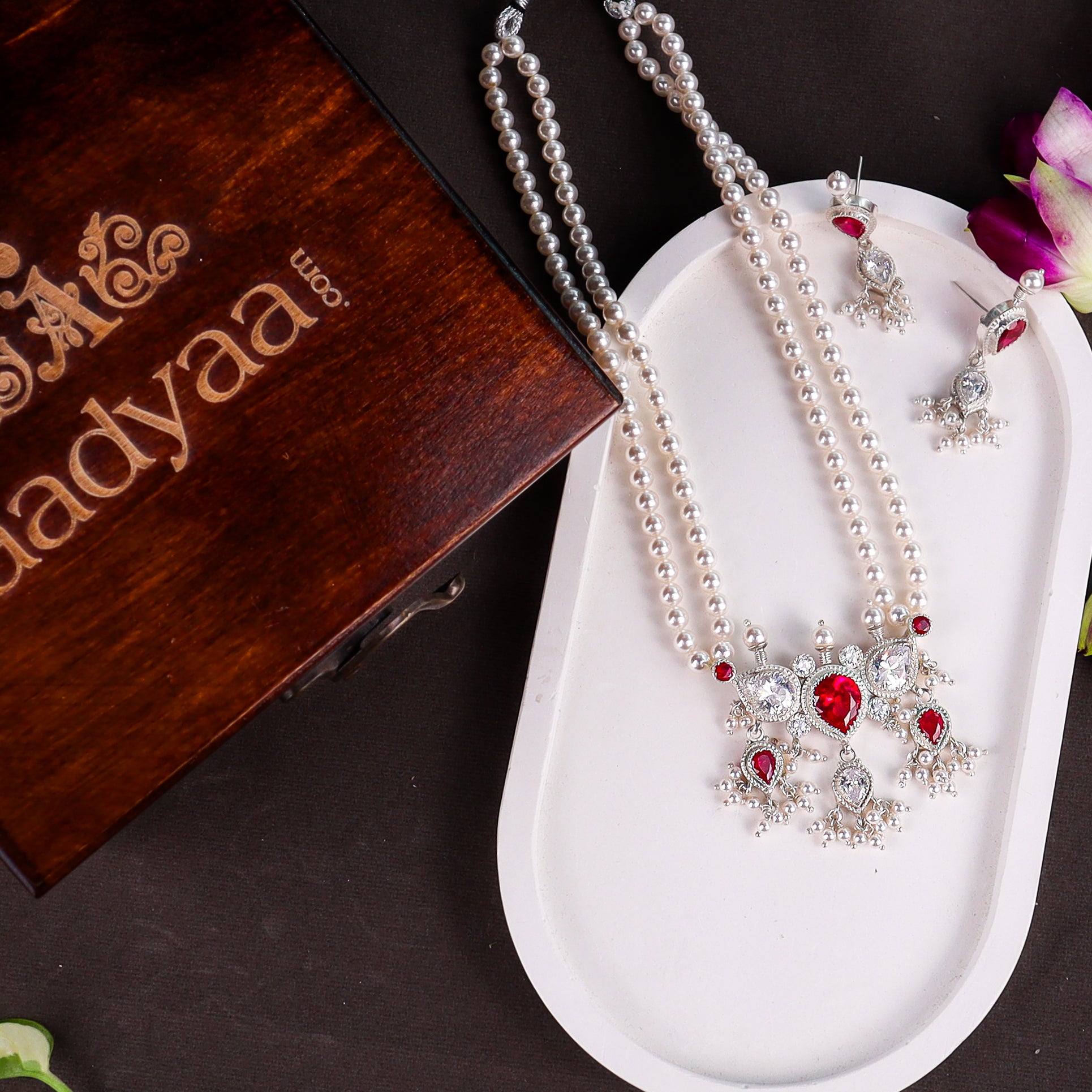 Silver Pink & White CZ Tanmani Set with Pearls