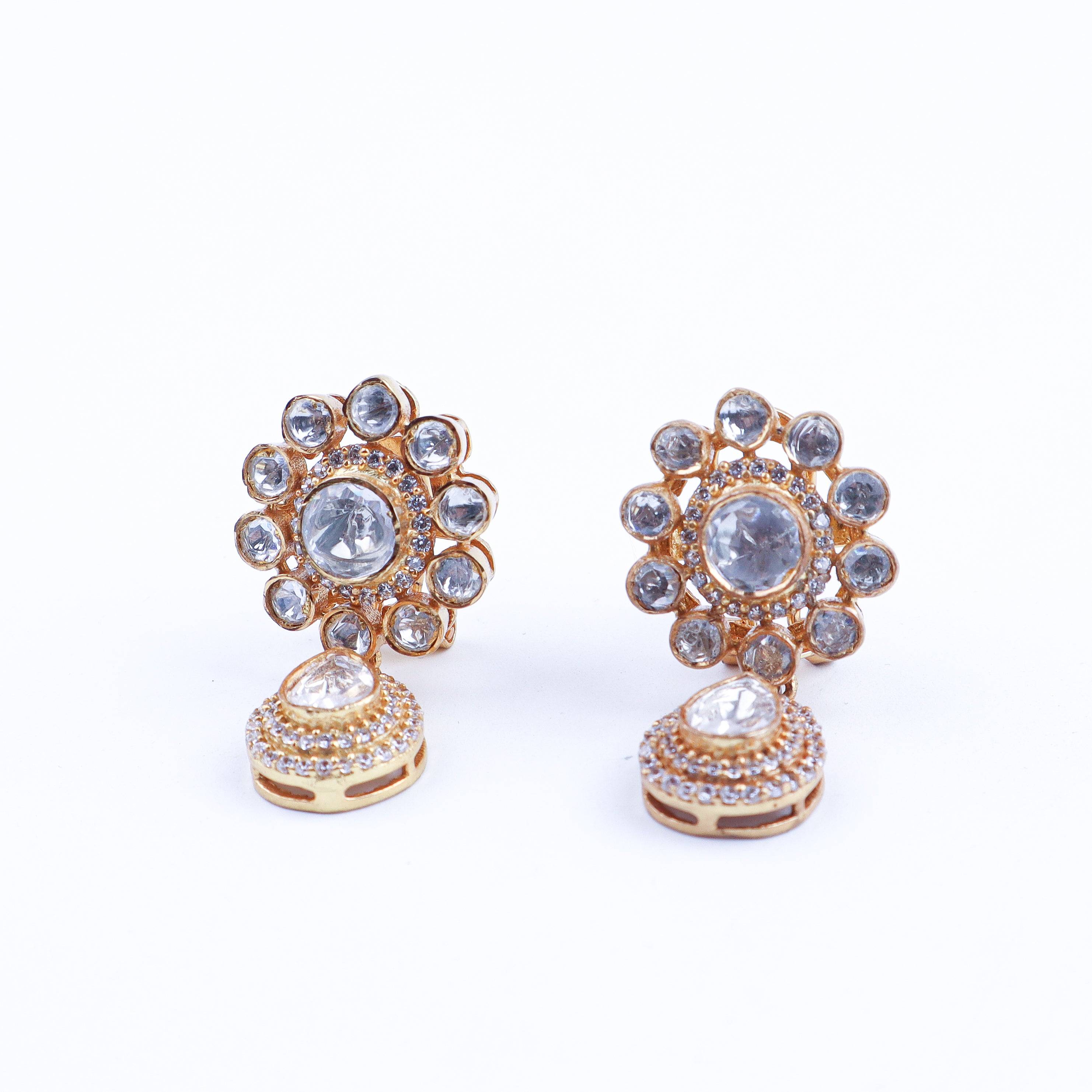 Close-up of 22K gold-plated fashion earring showcasing intricate detailing, fine craftsmanship, and rich 22K gold plating