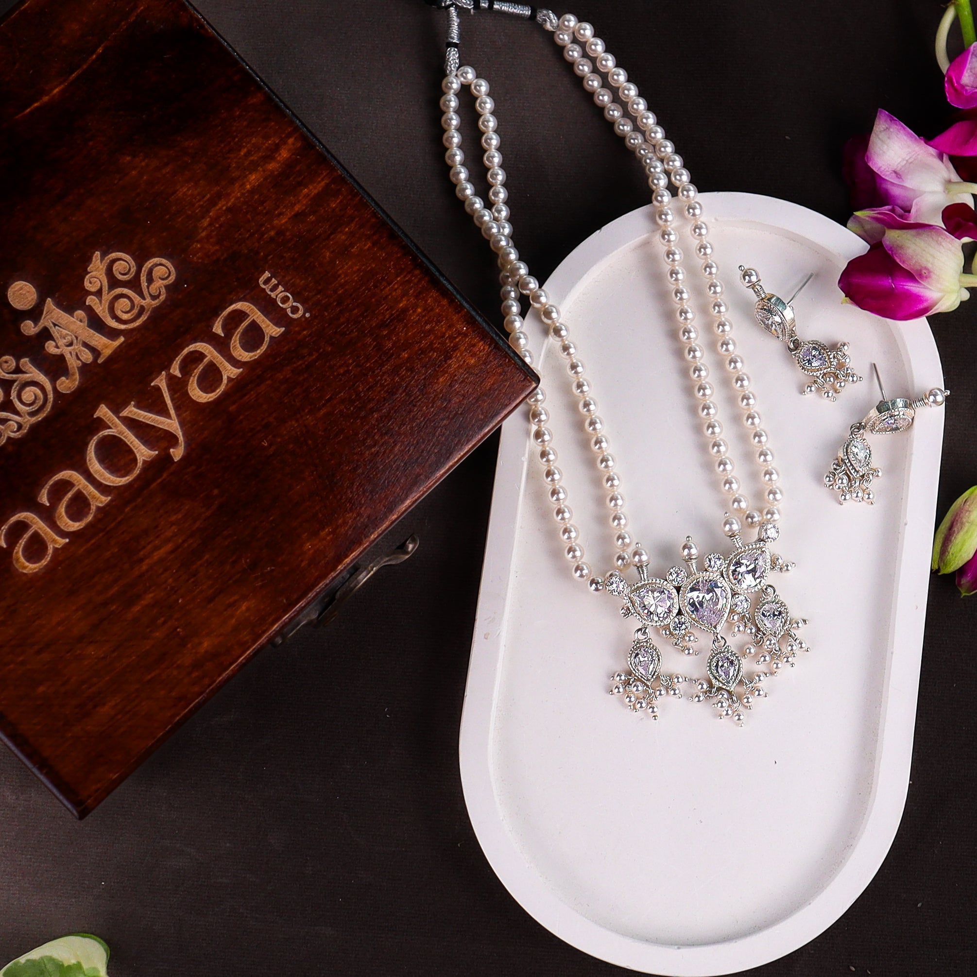 Silver White CZ Tanmani Set with Pearls