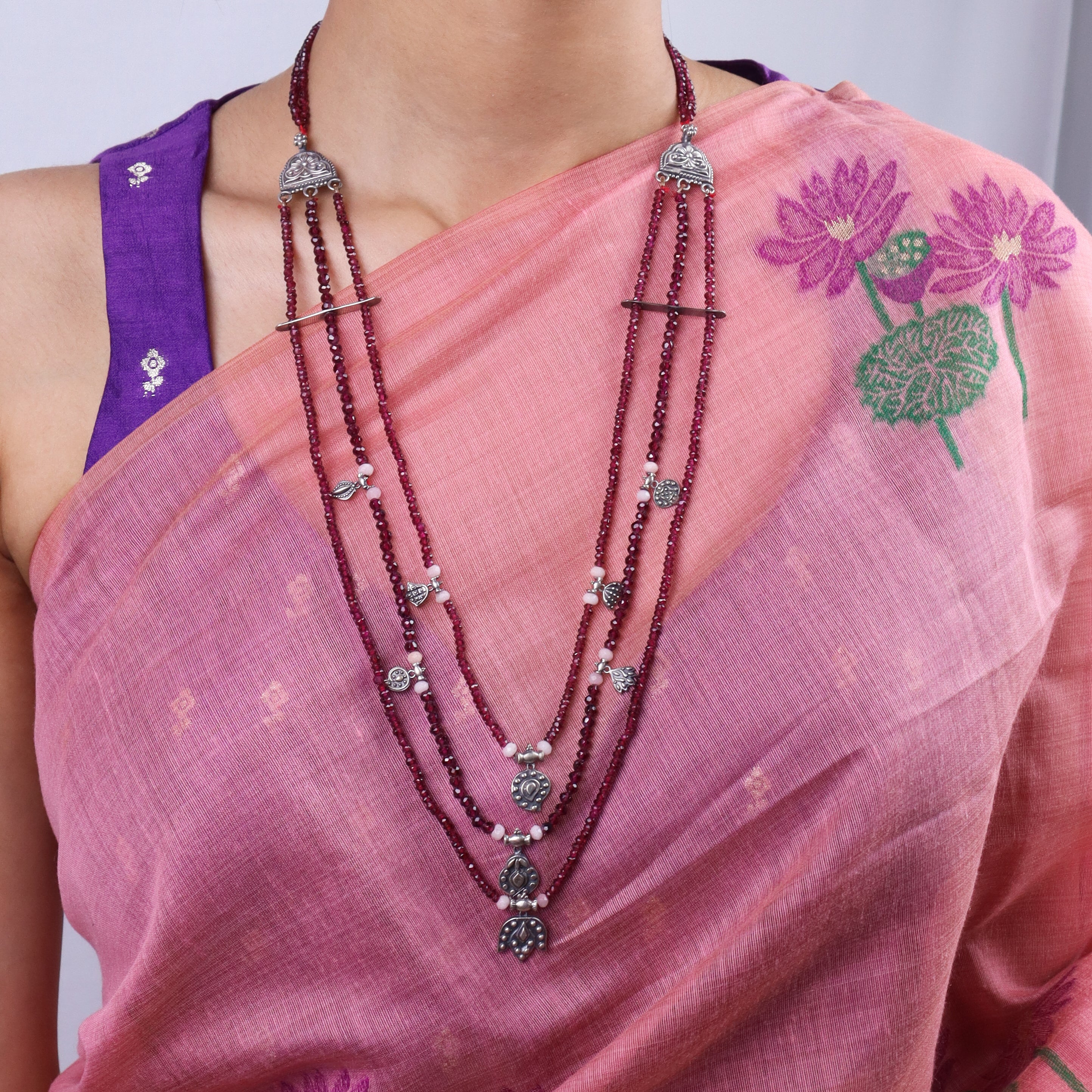 Saaj Motif Satlada Inspired Necklace with Dual Size Garnet Stones and Moonstones (3 layered)