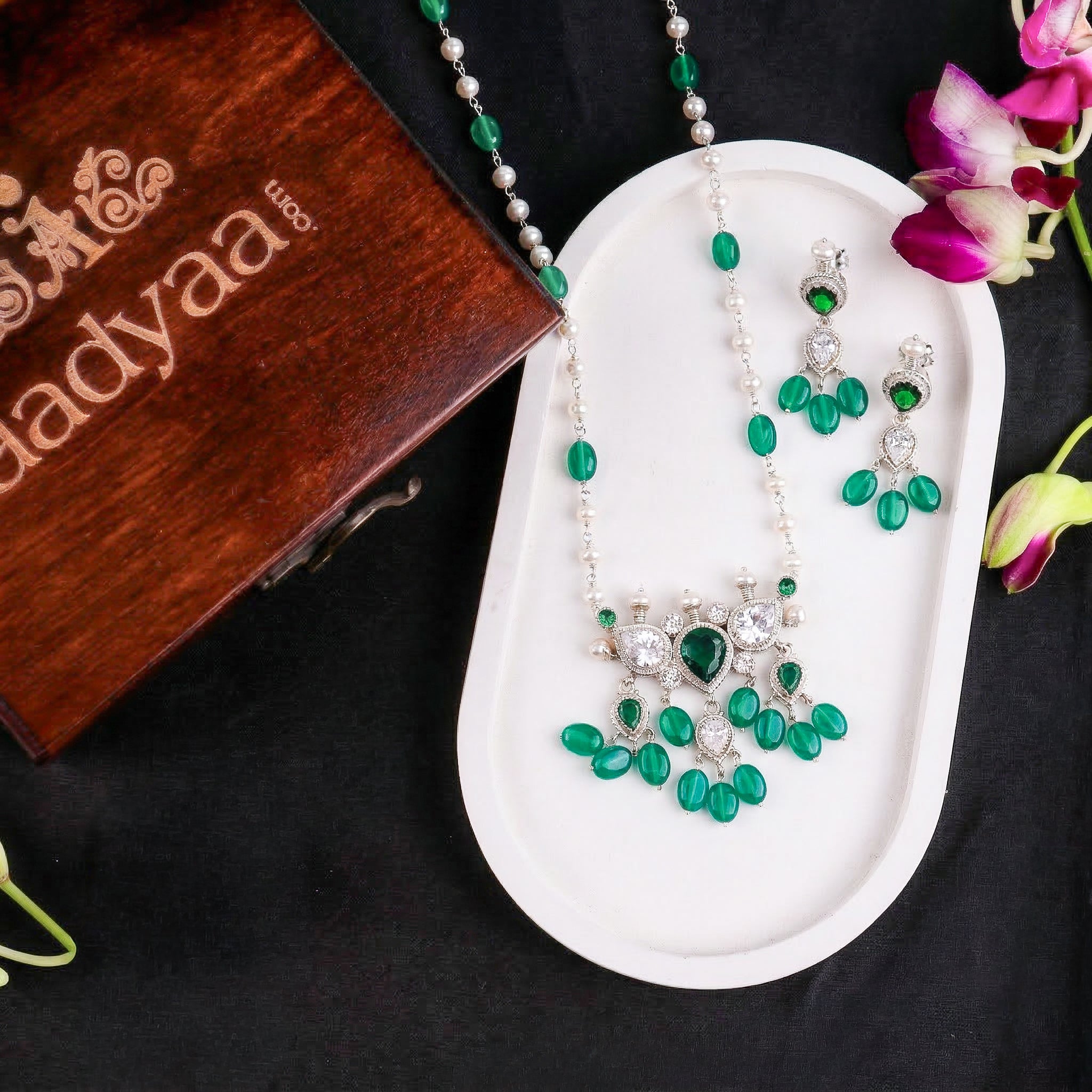 Silver CZ Tanmani Set with Pearls & Green Onyx
