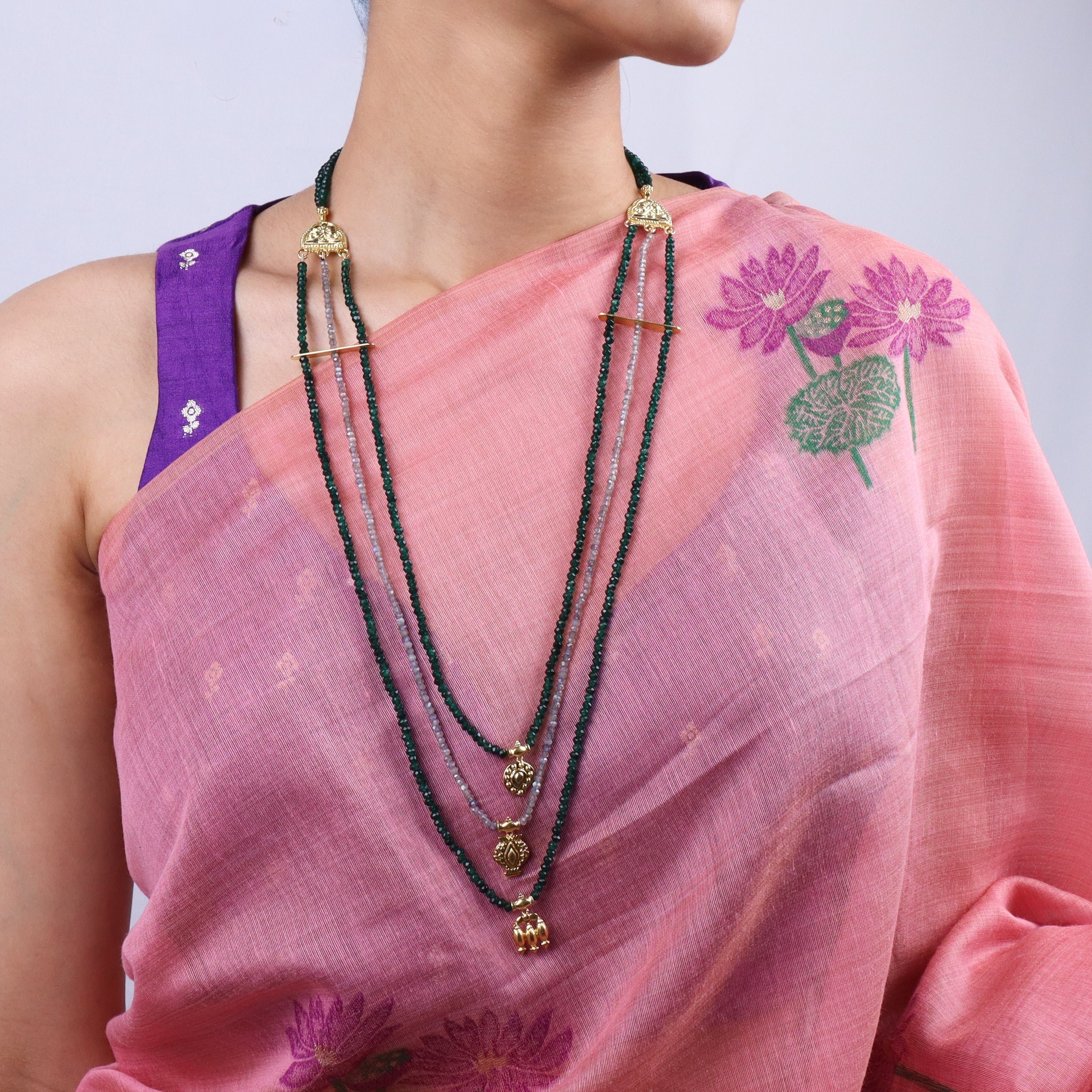Saaj Motif Satlada Inspired Necklace with Green Onyx and Labradorite Stones| 925 Silver | 22K Gold Plated (3 layered)