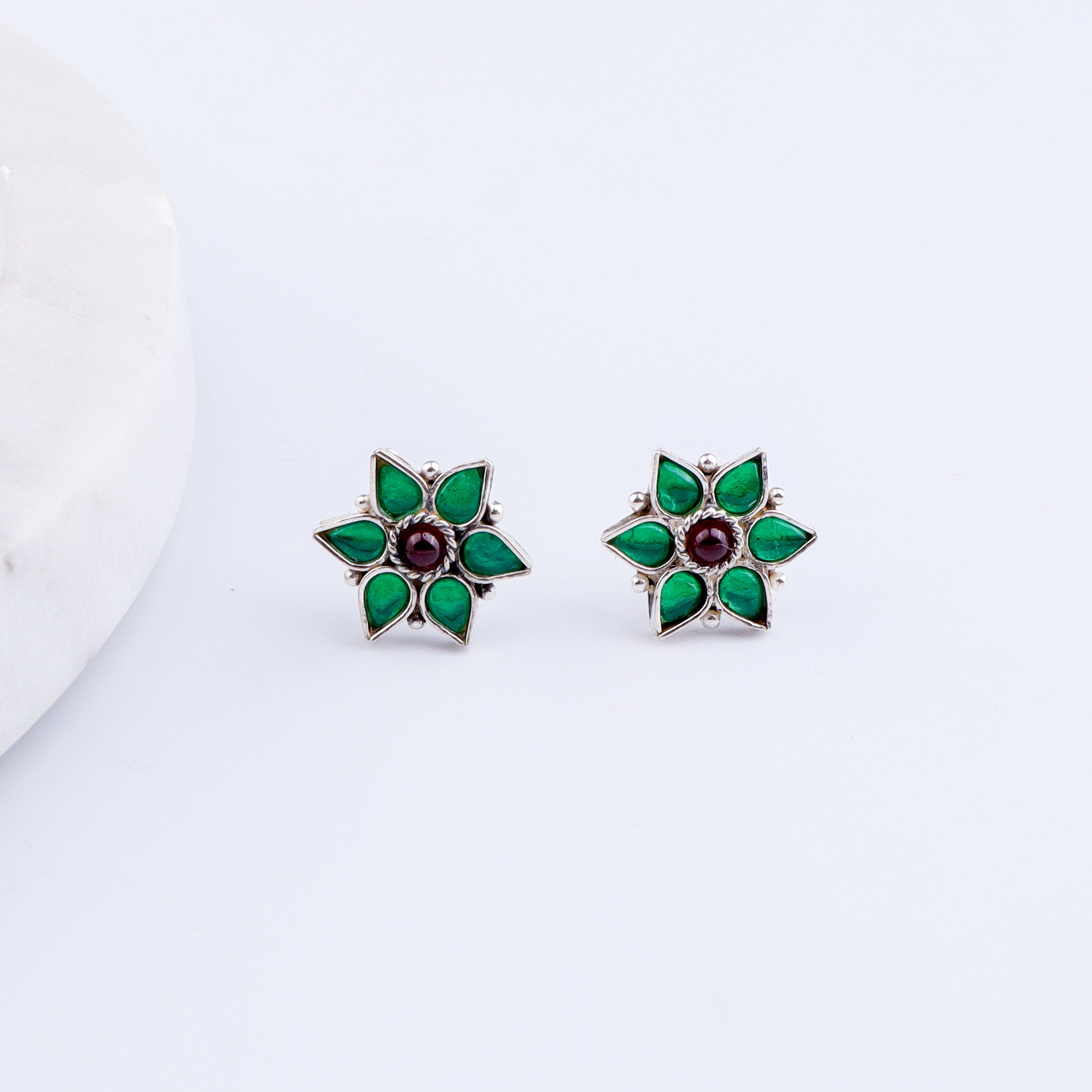 Silver Green Nakshatra Flower Earring