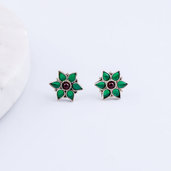 Silver Green Nakshatra Flower Earring