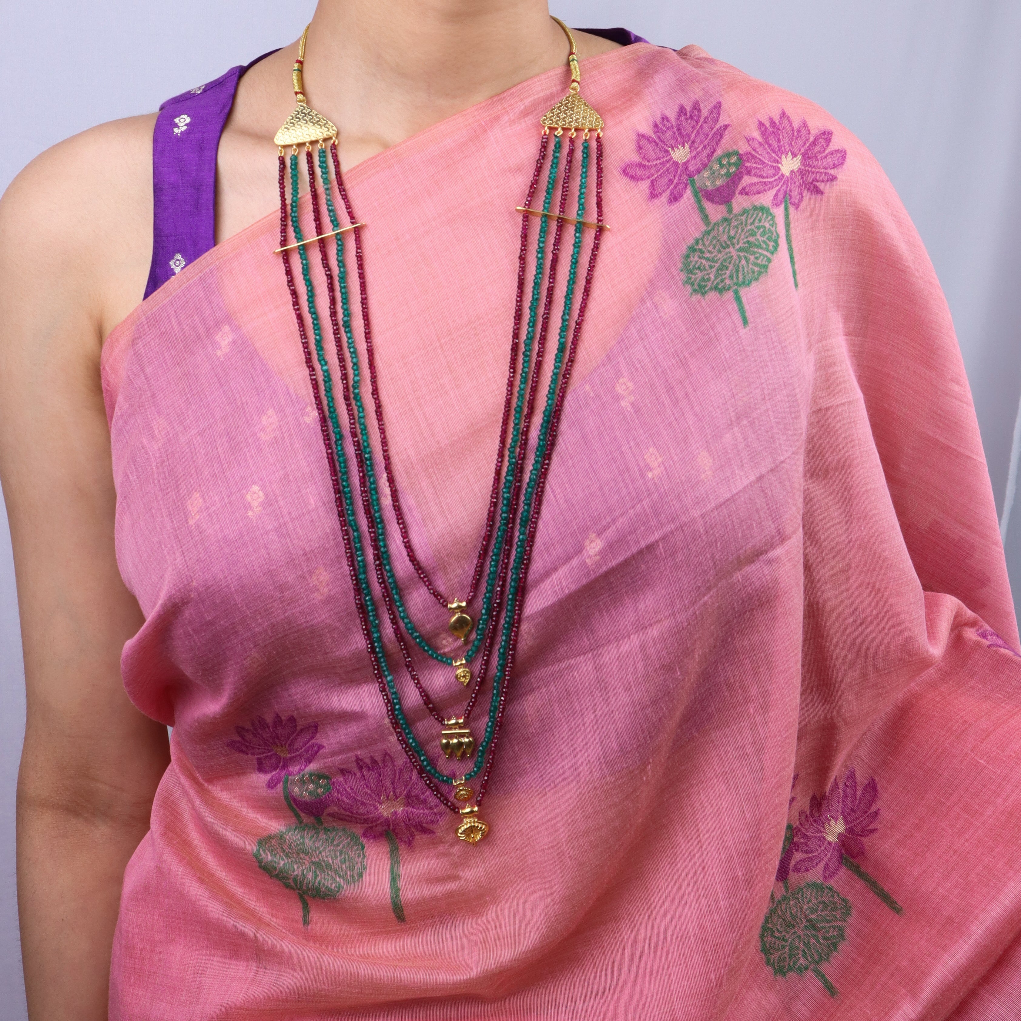 Saaj Motif Satlada Inspired Necklace with Garnets and Green Onyx Stones | 5 Layered | 92.5 Silver | 22K Gold Plated