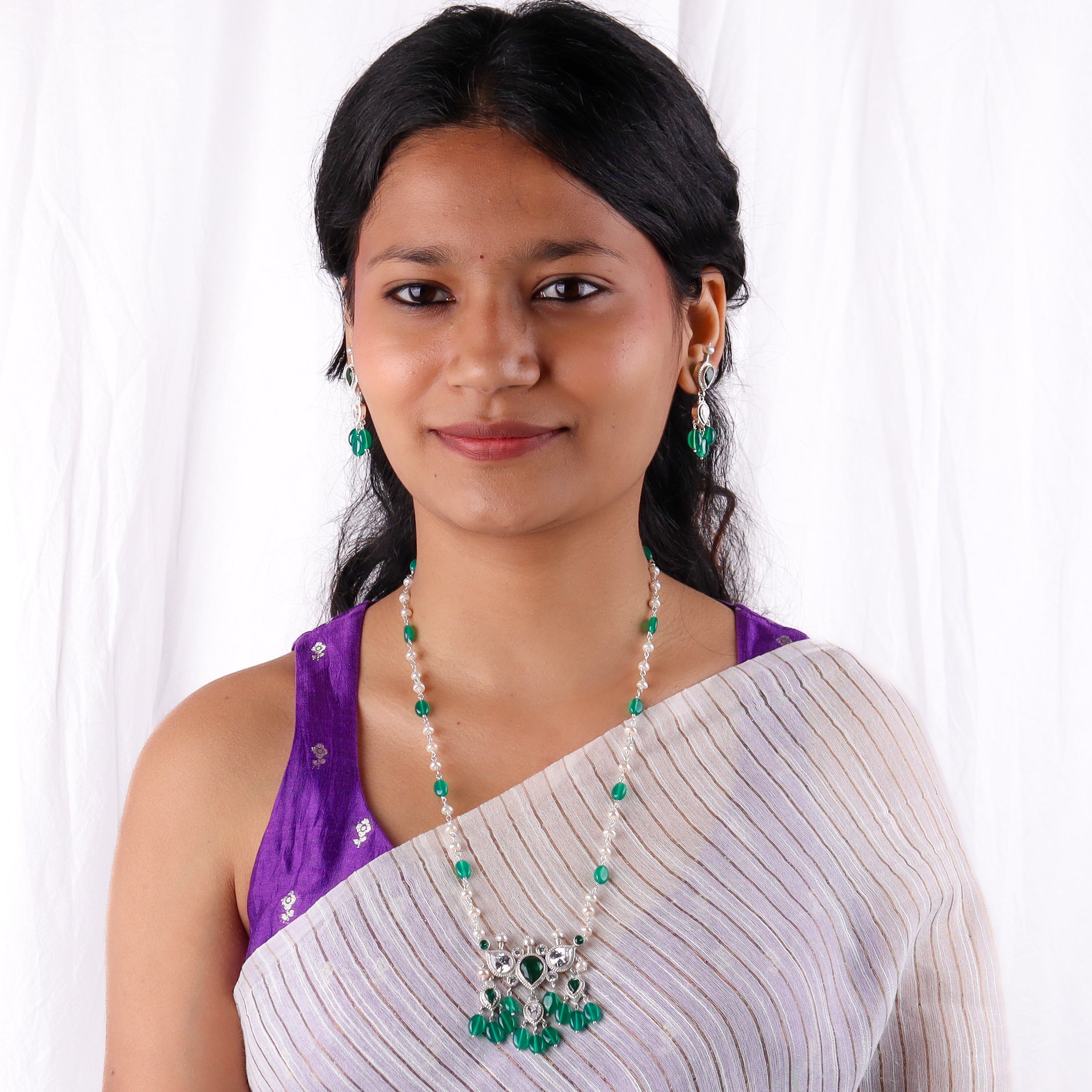 Silver CZ Tanmani Set with Pearls & Green Onyx