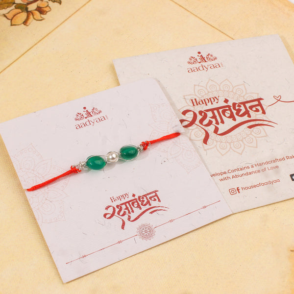 Green Onyx & Pearl Wrapped Rakhi (Project Handmade)