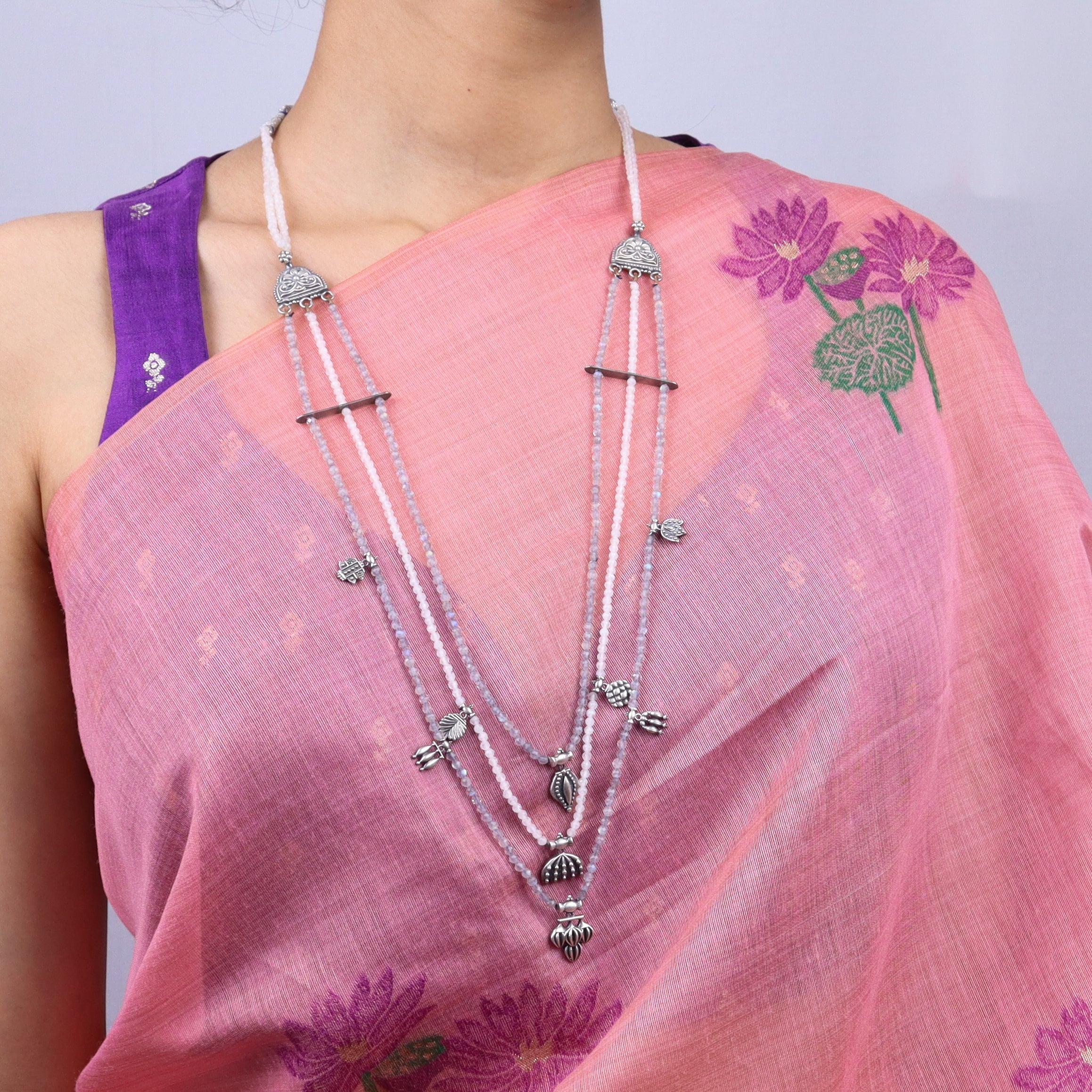 Saaj Motif Satlada Inspired Necklace with Labradorite and Moonstones