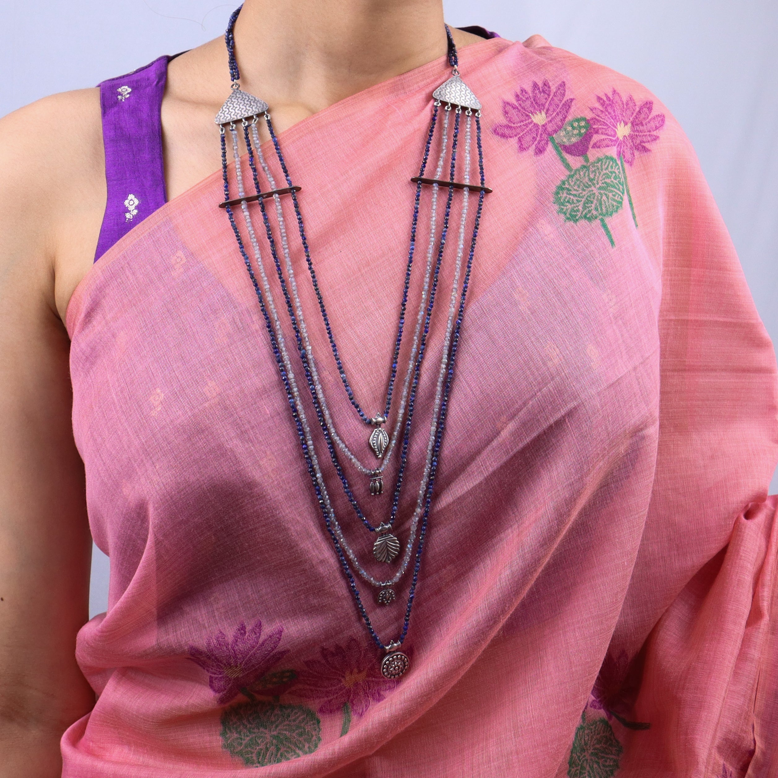 Saaj Motif Satlada Inspired Necklace with Lapis Lazuli and Labradorite Stones (5 layered)