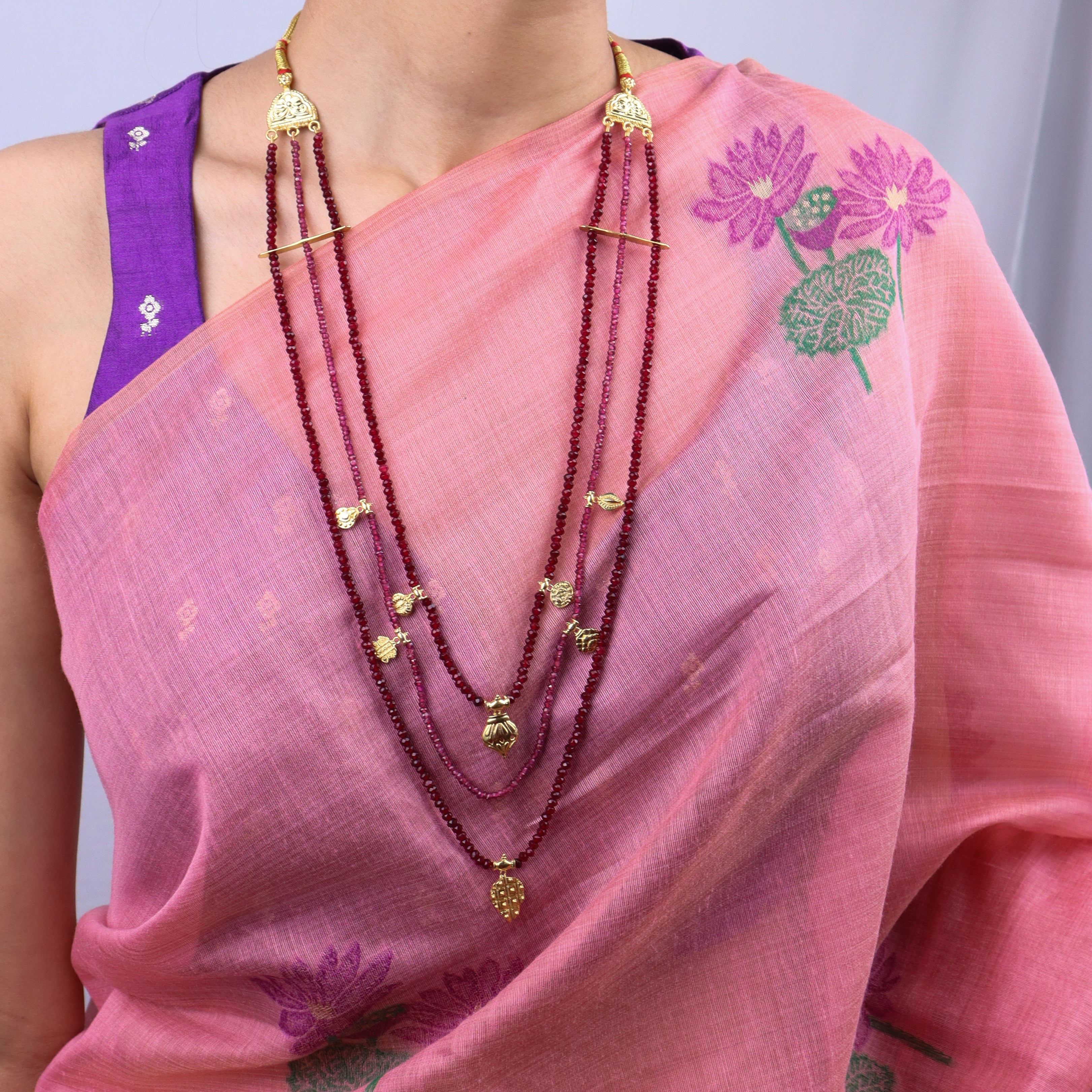 Saaj Motif Satlada Inspired Necklace with Garnets and Ruby Stones | 925 Silver | 22K Gold Plated (3 layered)