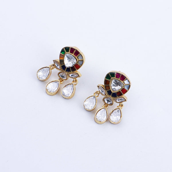 Angled view of a 22K gold-plated fashion earring highlighting its elegant silhouette, structure, and polished gold finish