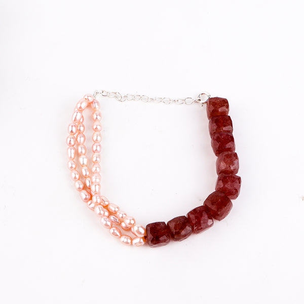 Strawberry Quartz & Pink Rice Pearl Bracelet