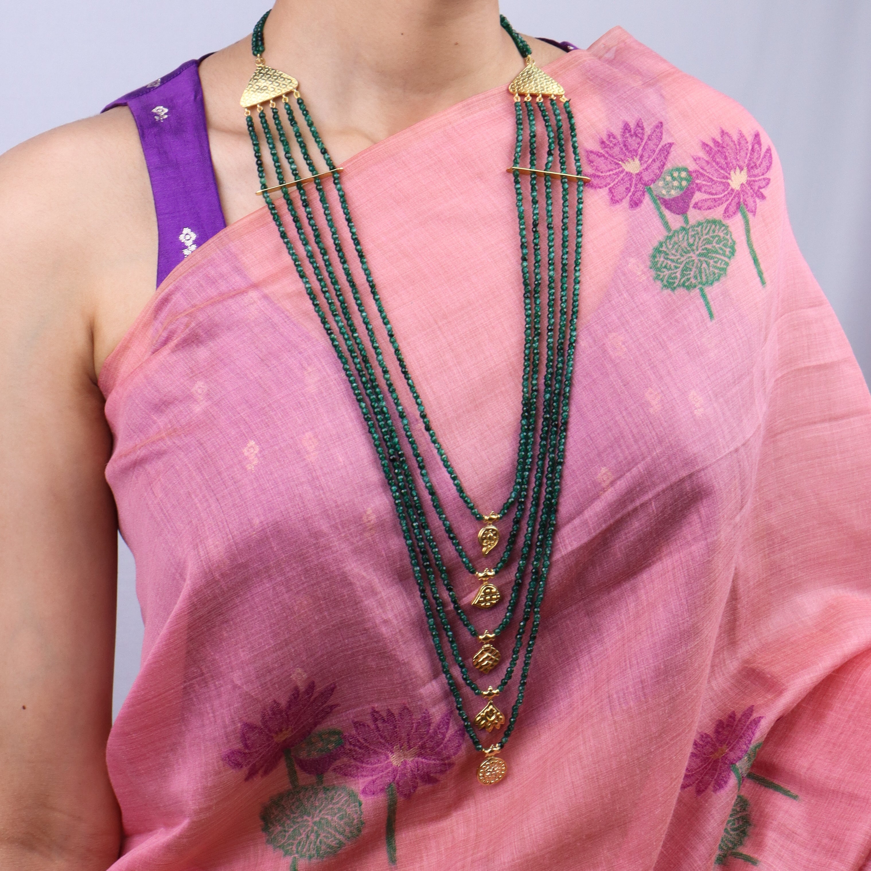 Saaj Motif Satlada Inspired Necklace with Green Onyx Stones | 5 Layered | 92.5 Silver | 22K Gold Plated