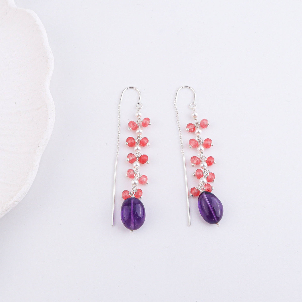 Detailed view of Amethyst & Pink Jade Sui Dhaaga Branch Earrings highlighting natural-inspired branch motifs, amethyst stones, and pink jade detailing