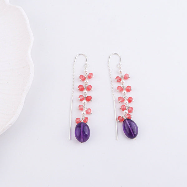 Amethyst & Pink Jade Sui Dhaaga Branch Earrings