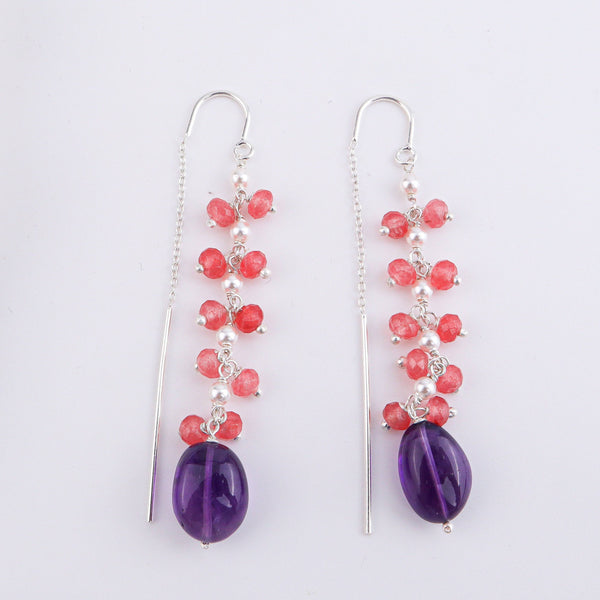 Amethyst & Pink Jade Sui Dhaaga Branch Earrings