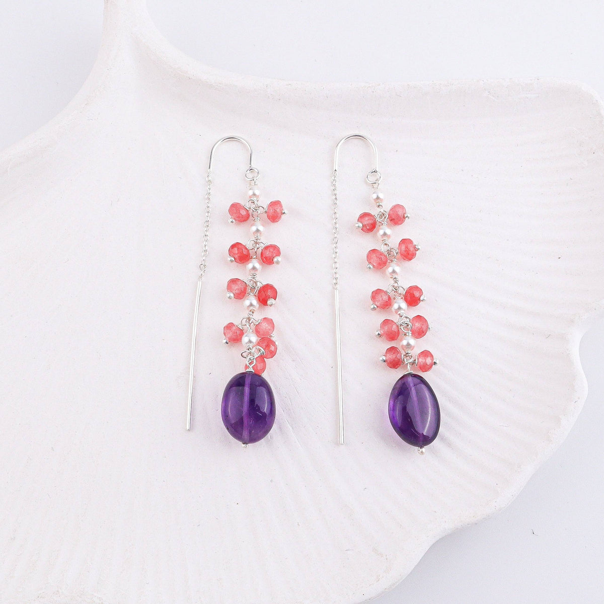 Angled view of Amethyst & Pink Jade Sui Dhaaga Branch Earrings highlighting their delicate sui dhaaga structure, branch design, and gemstone detailing