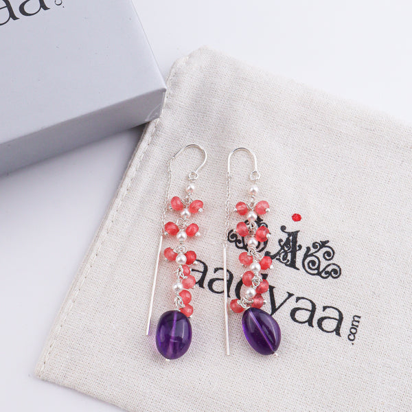 Amethyst & Pink Jade Sui Dhaaga Branch Earrings