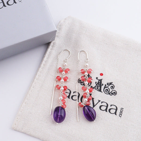 Amethyst & Pink Jade Sui Dhaaga Branch Earrings