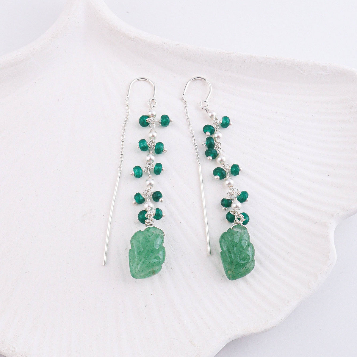 Detailed view of Russian Quartz & Green Onyx Sui Dhaaga Branch Earrings highlighting natural-inspired branch motifs, Russian quartz, and green onyx accents