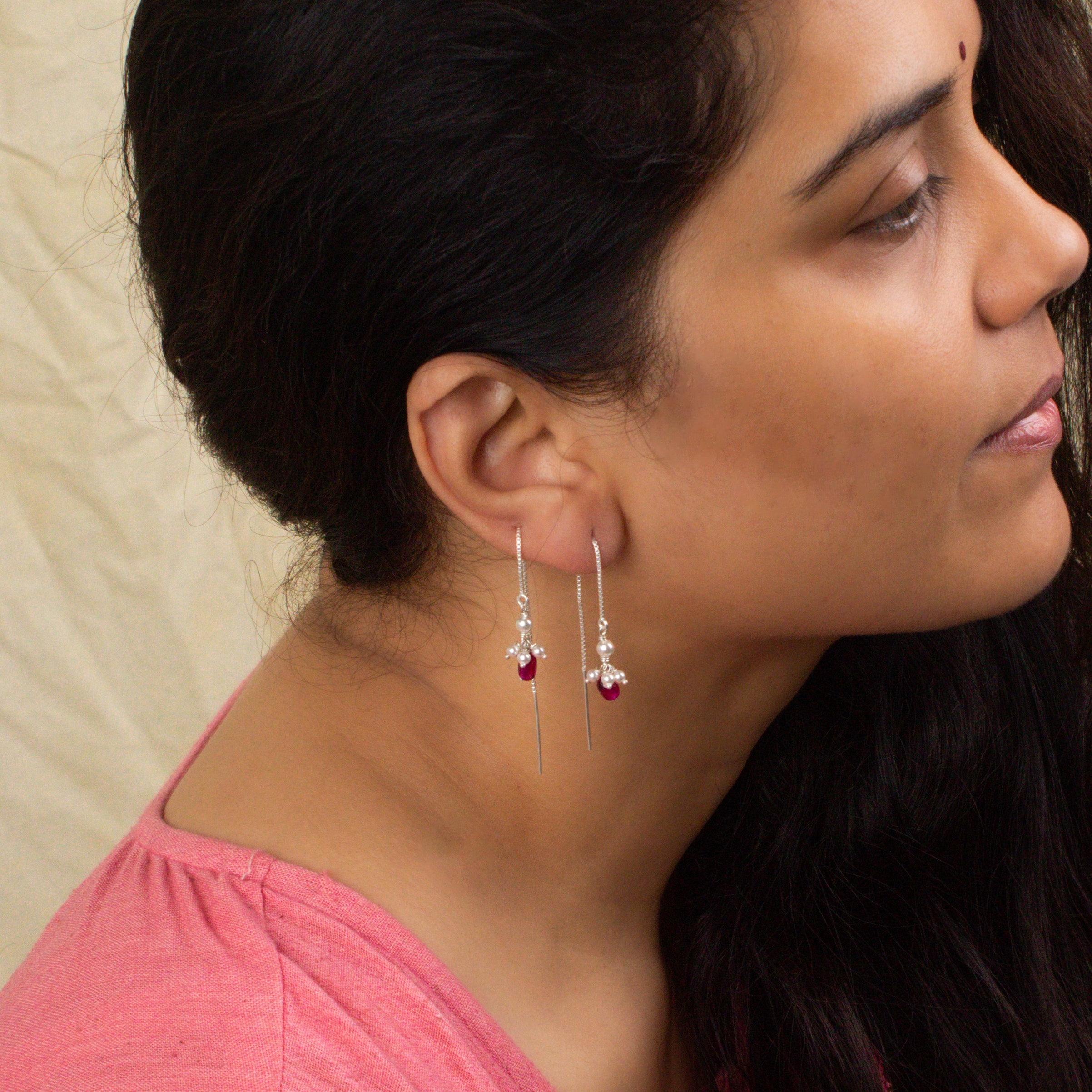 Silver Ruby and Pearl Sui Dhaaga Earring