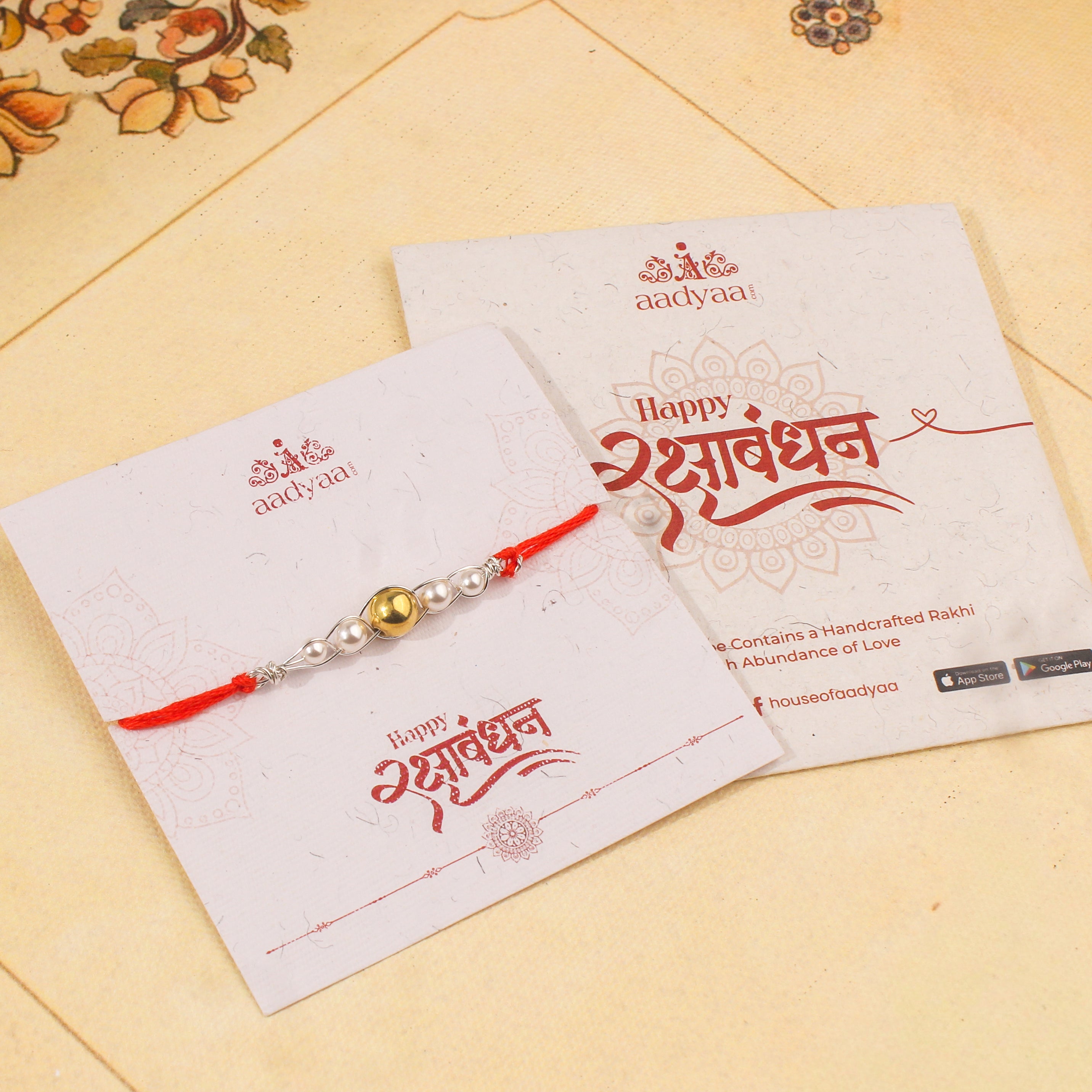 Gold-Plated Silver Bead & Pearl Wrapped Rakhi (Project Handmade)
