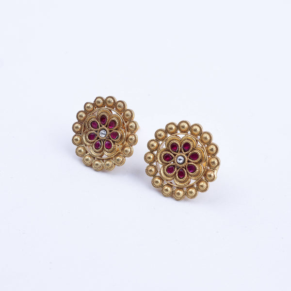 Detailed view of a 22K gold-plated fashion earring highlighting intricate motifs, textured detailing, and a premium 22K gold-plated finish