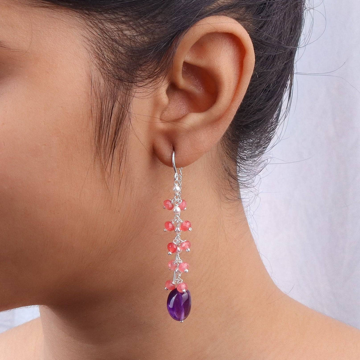 Model wearing Amethyst & Pink Jade Sui Dhaaga Branch Earrings for an elegant and contemporary jewelry look