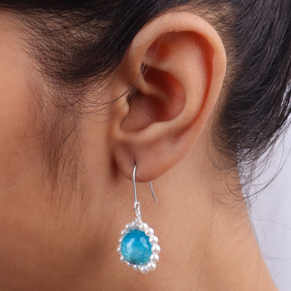 Blue Agate & Pearl Silver Earrings (Project Handmade)