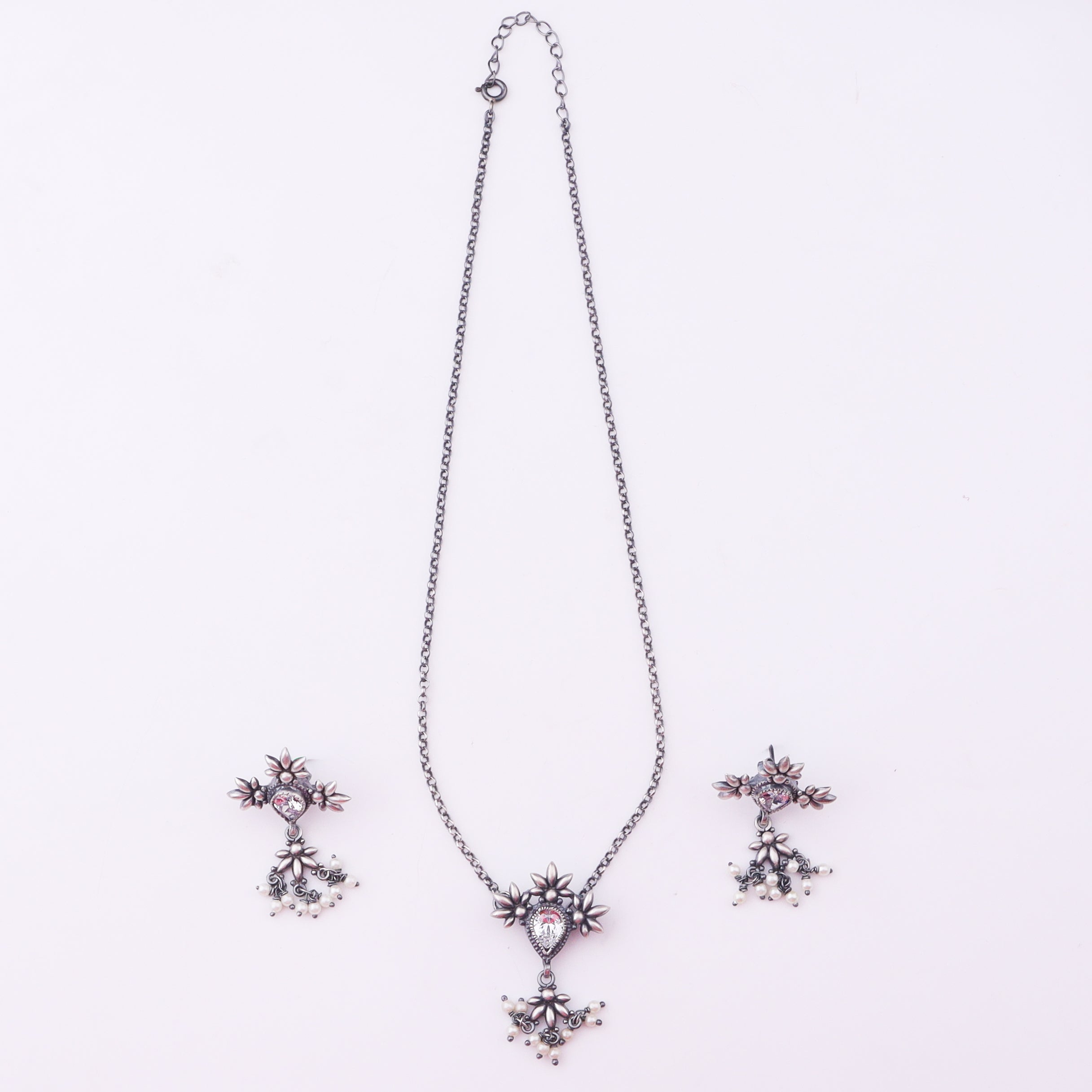 Silver CZ Flower Tanmani Set with Pearls