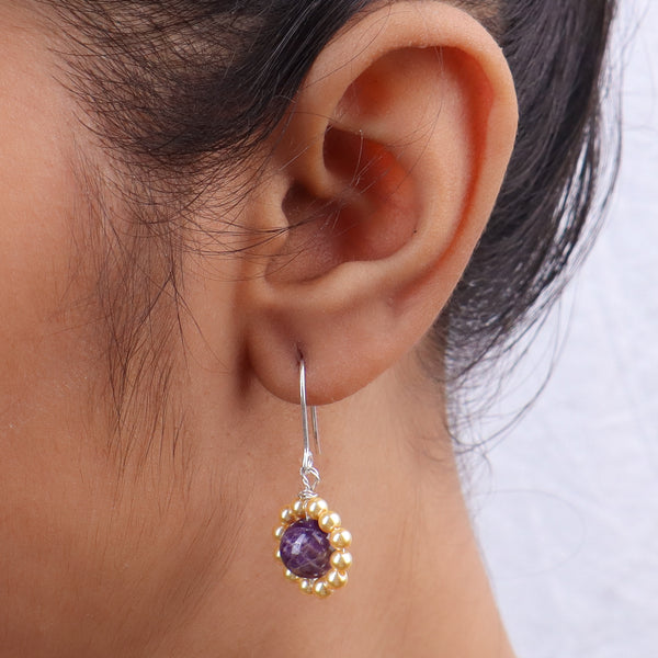 Purple Agate & Golden Pearl Silver Earrings (Project Handmade)