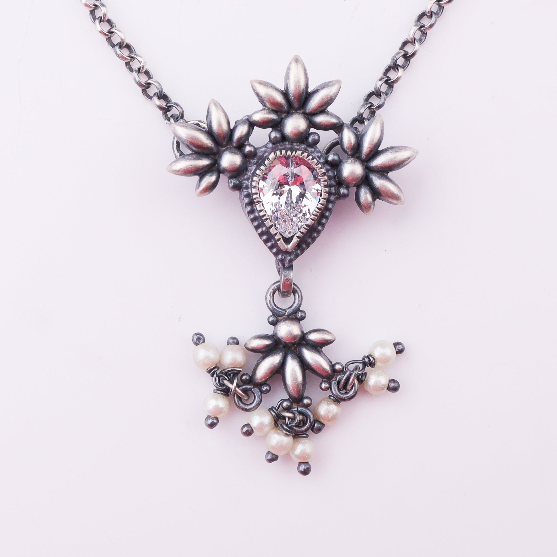 Silver CZ Flower Tanmani Set with Pearls