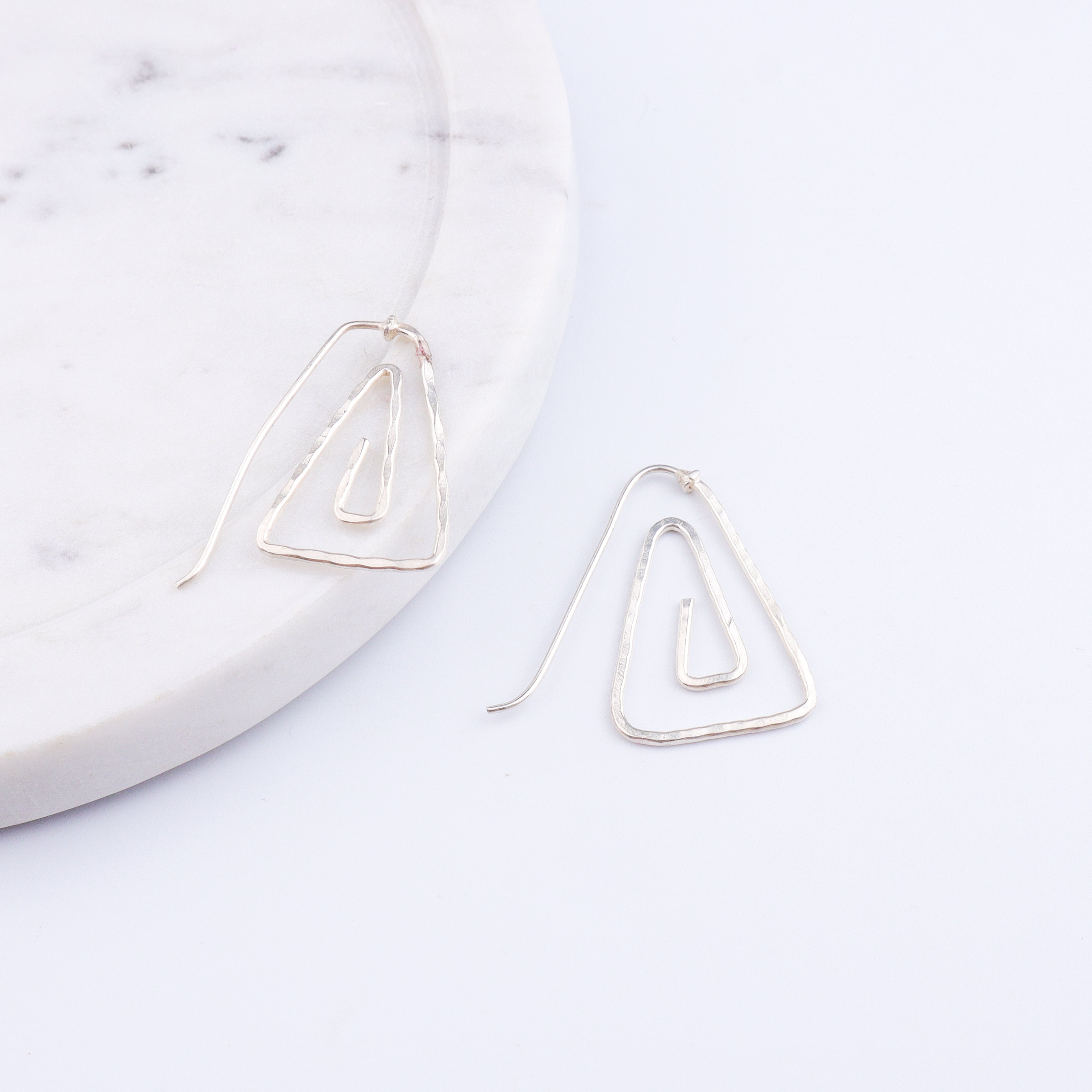 Silver Spiral Triangle Hammered Earrings