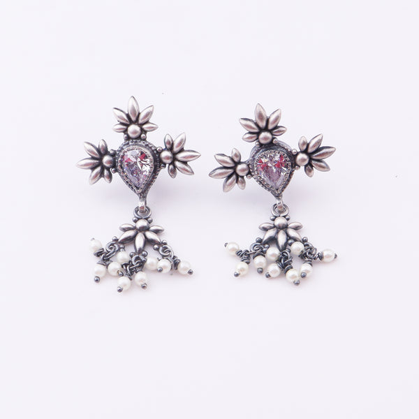 Silver CZ Flower Tanmani Set with Pearls (3 Leaf)