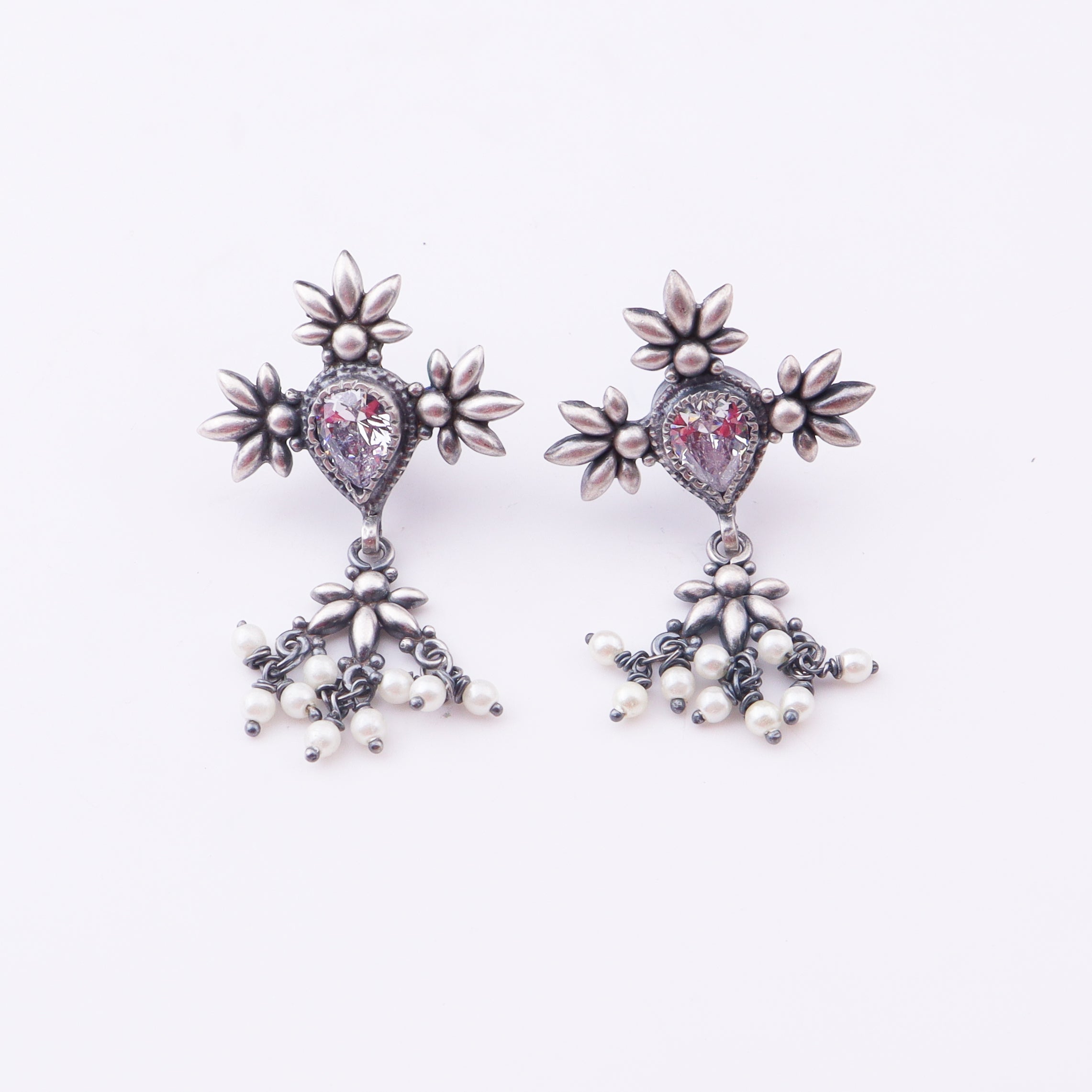 Silver CZ Flower Tanmani Set with Pearls (3 Leaf)
