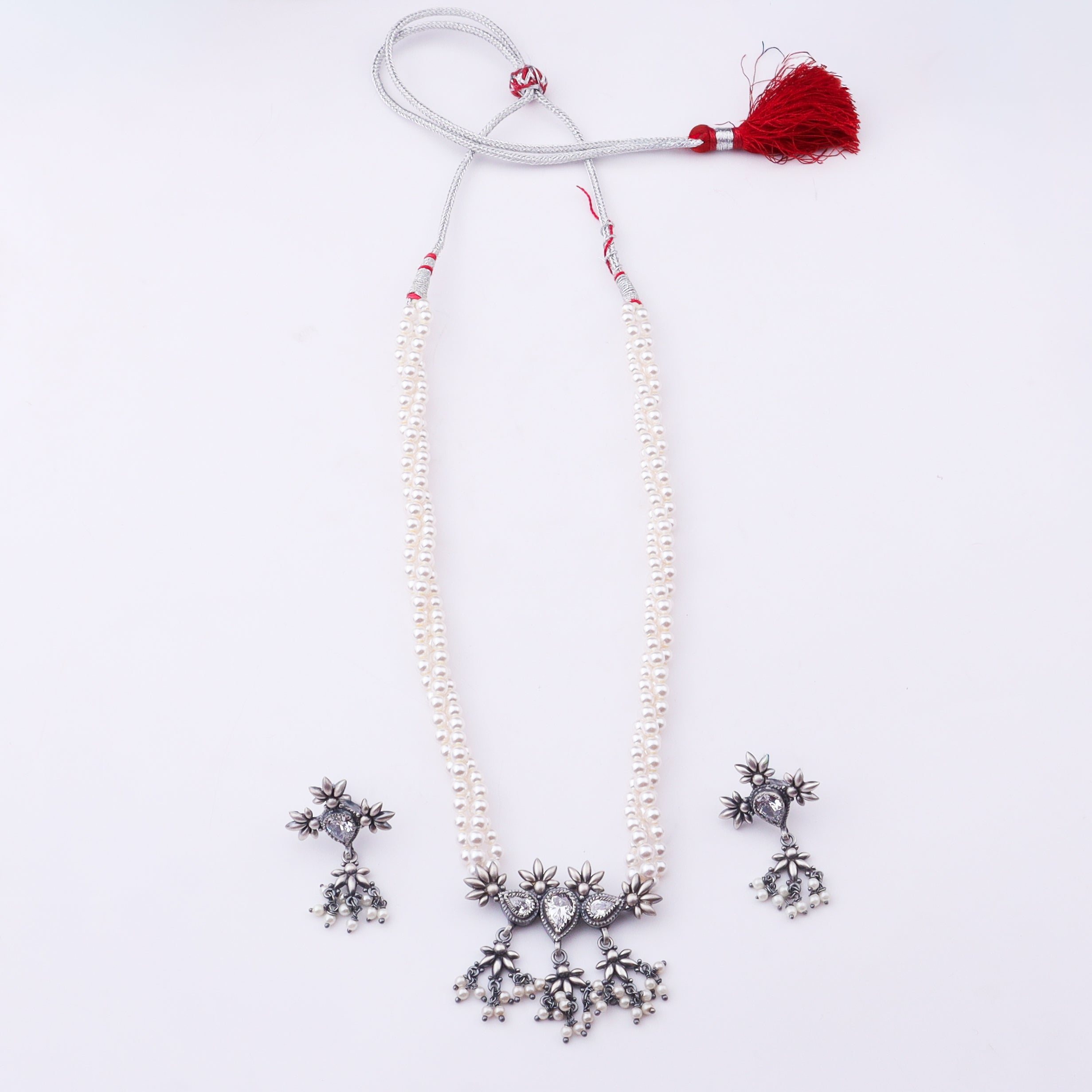 Silver CZ Flower Tanmani Set with Pearls (3 Leaf)