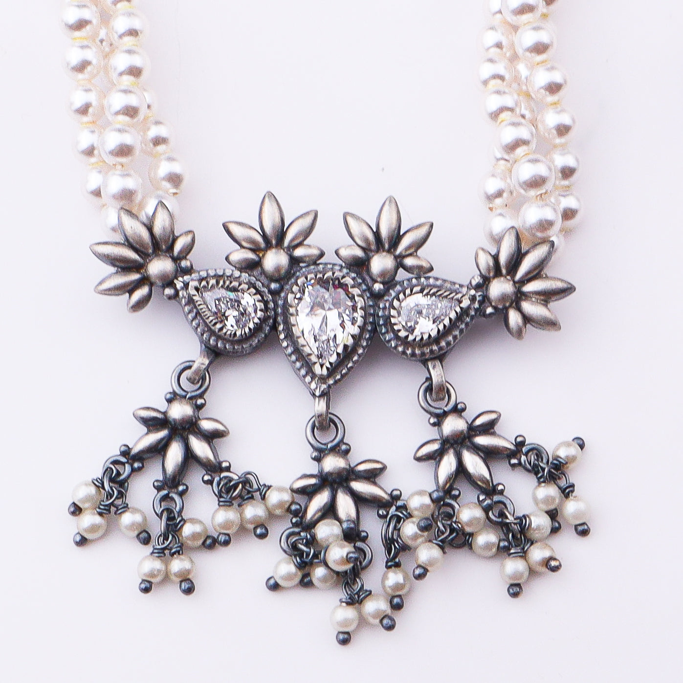 Silver CZ Flower Tanmani Set with Pearls (3 Leaf)