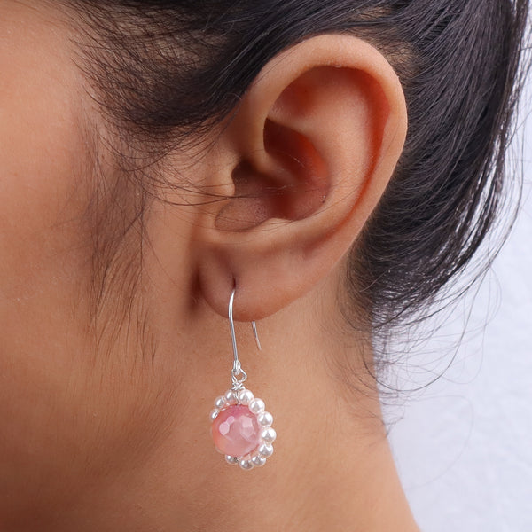 Peach Agate & Pearl Silver Earrings (Project Handmade)