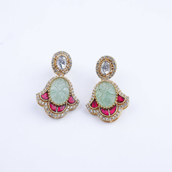Detailed view of a 22K gold-plated fashion earring highlighting intricate motifs, textured detailing, and a premium 22K gold-plated finish